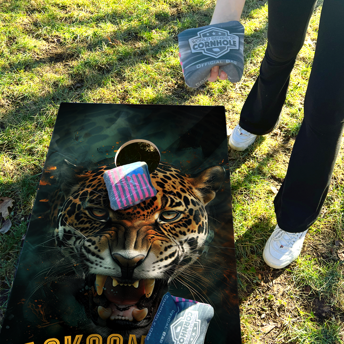 World Series of Cornhole Lightweight Cornhole Set - Jacksonville Jaguars Boards with Turquoise and Yellow Bags