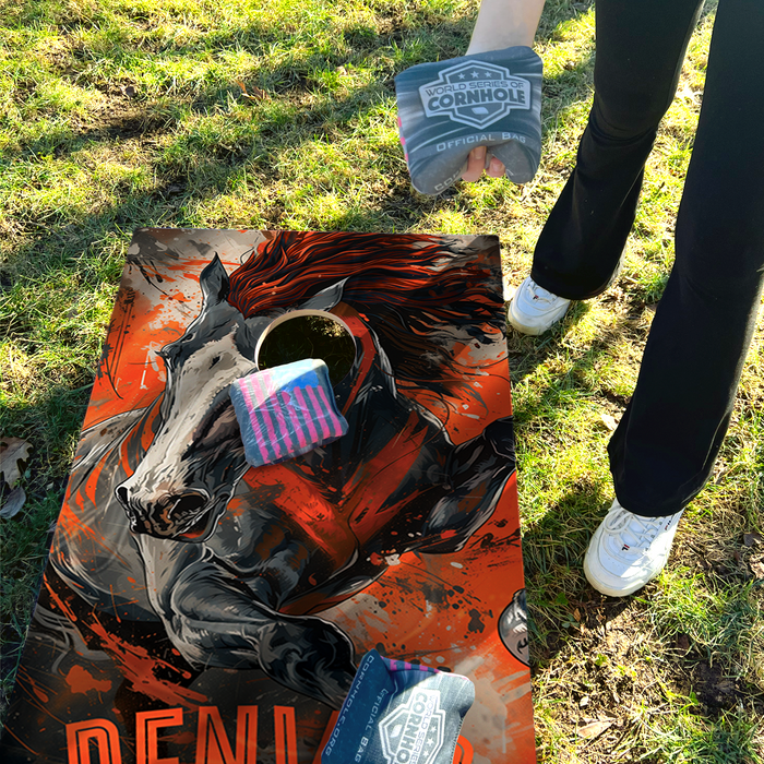 World Series of Cornhole Lightweight Cornhole Set - Denver Broncos Boards with Orange and Navy Blue Bags