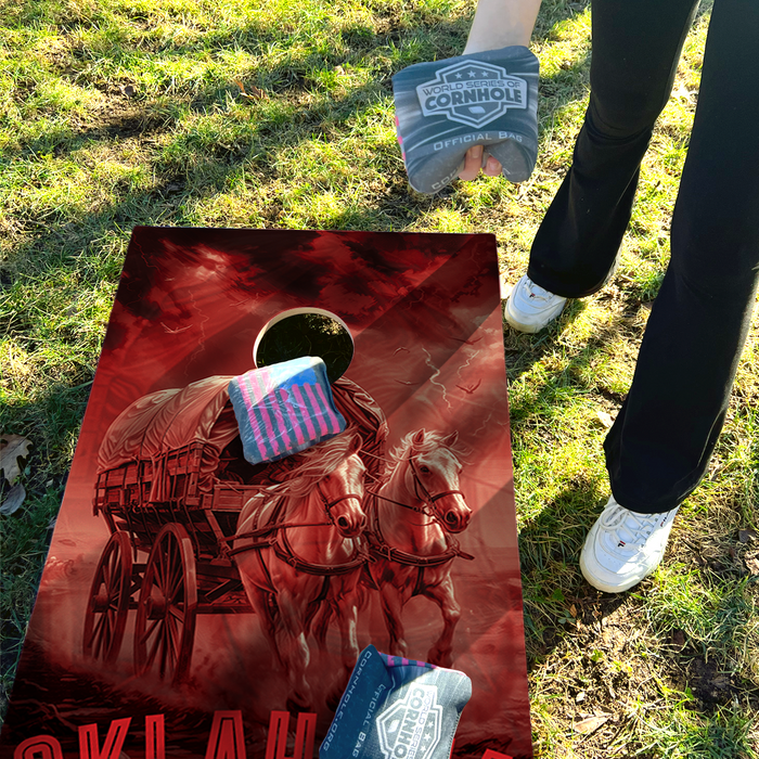 World Series of Cornhole Lightweight Cornhole Set - Oklahoma Sooners Boards with Red and White Bags