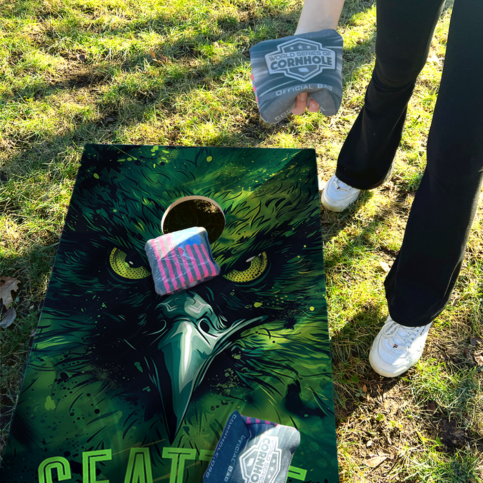 World Series of Cornhole Lightweight Cornhole Set - Seattle Seahawks Boards with Kelly Green and Navy Blue Bags