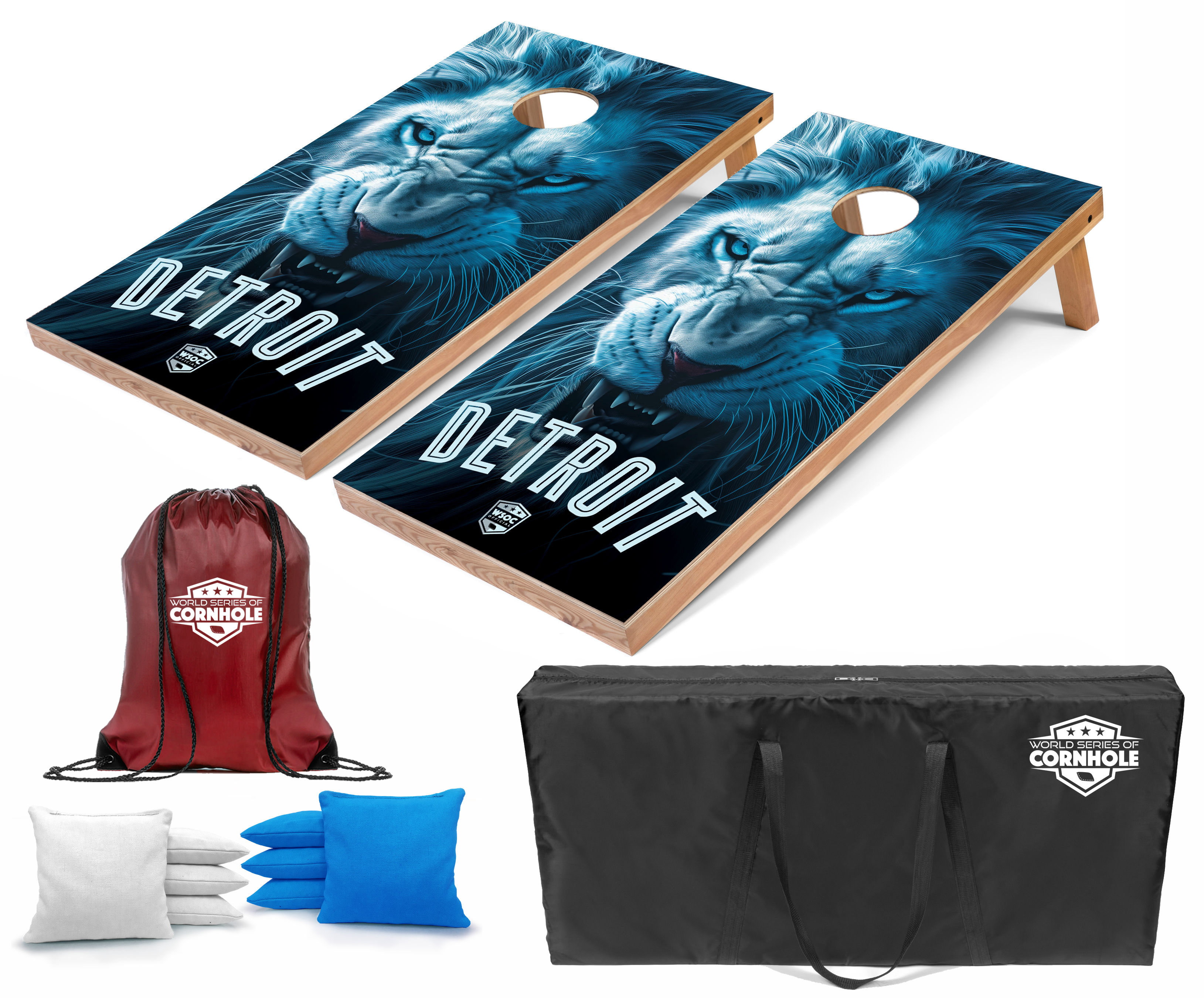 World Series of Cornhole Lightweight Cornhole Set - Detroit Lions Boards with Turquoise and White Bags