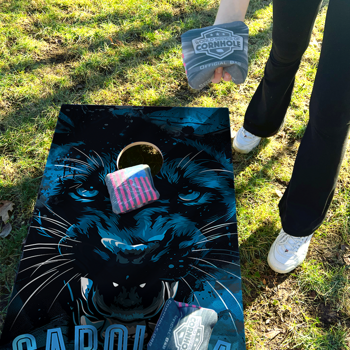 World Series of Cornhole Lightweight Cornhole Set - Carolina Panthers Boards with Black and Turquoise Bags