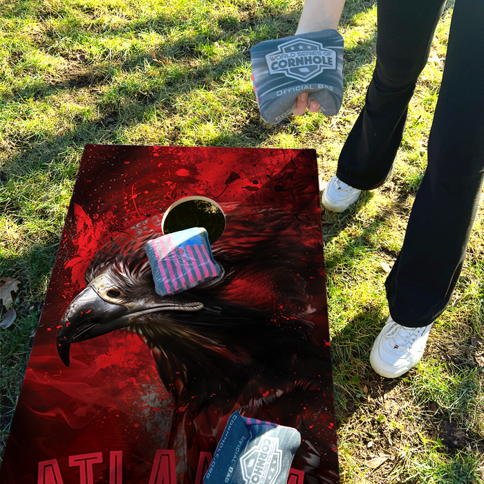 World Series of Cornhole Lightweight Cornhole Set - Atlanta Falcons Boards with Gray and Red Bags