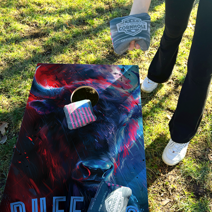 World Series of Cornhole Lightweight Cornhole Set - Buffalo Bills Boards with Royal Blue and Red Bags