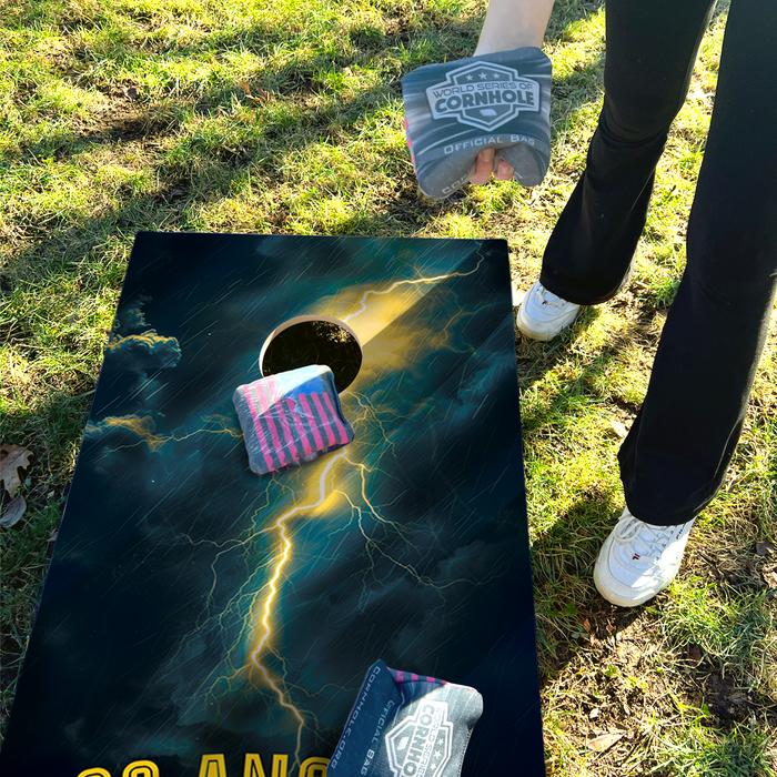 World Series of Cornhole Lightweight Cornhole Set - Los Angeles Chargers Boards with Yellow and Turquoise Bags