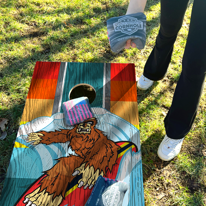 World Series of Cornhole Lightweight Cornhole Set - Riding Waves Sasquatch Boards with Red and Royal Blue Bags