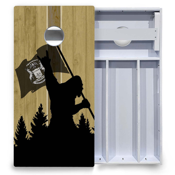 World Series of Cornhole Board Official All-Weather - WSOC Silhouette Flag Sasquatch Michigan Flag BW