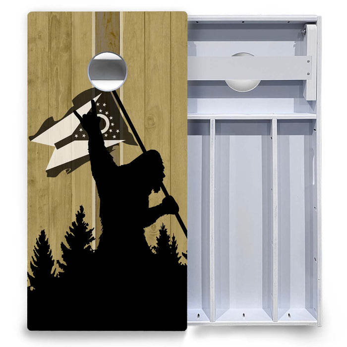 World Series of Cornhole Board Official All-Weather - WSOC Silhouette Flag Sasquatch Ohio BW