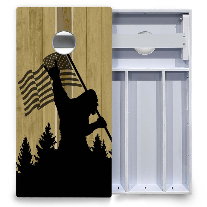 World Series of Cornhole Board Official All-Weather - WSOC Silhouette Flag Sasquatch American Flag BW