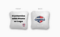 Personalized custom cornhole bags with photo, logo and text designs beside a regulation board
