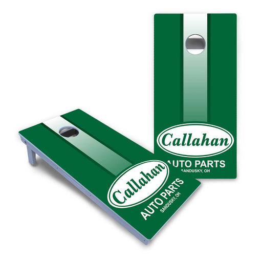 Funny and novelty cornhole boards with joke, retro and party designs in a game room
