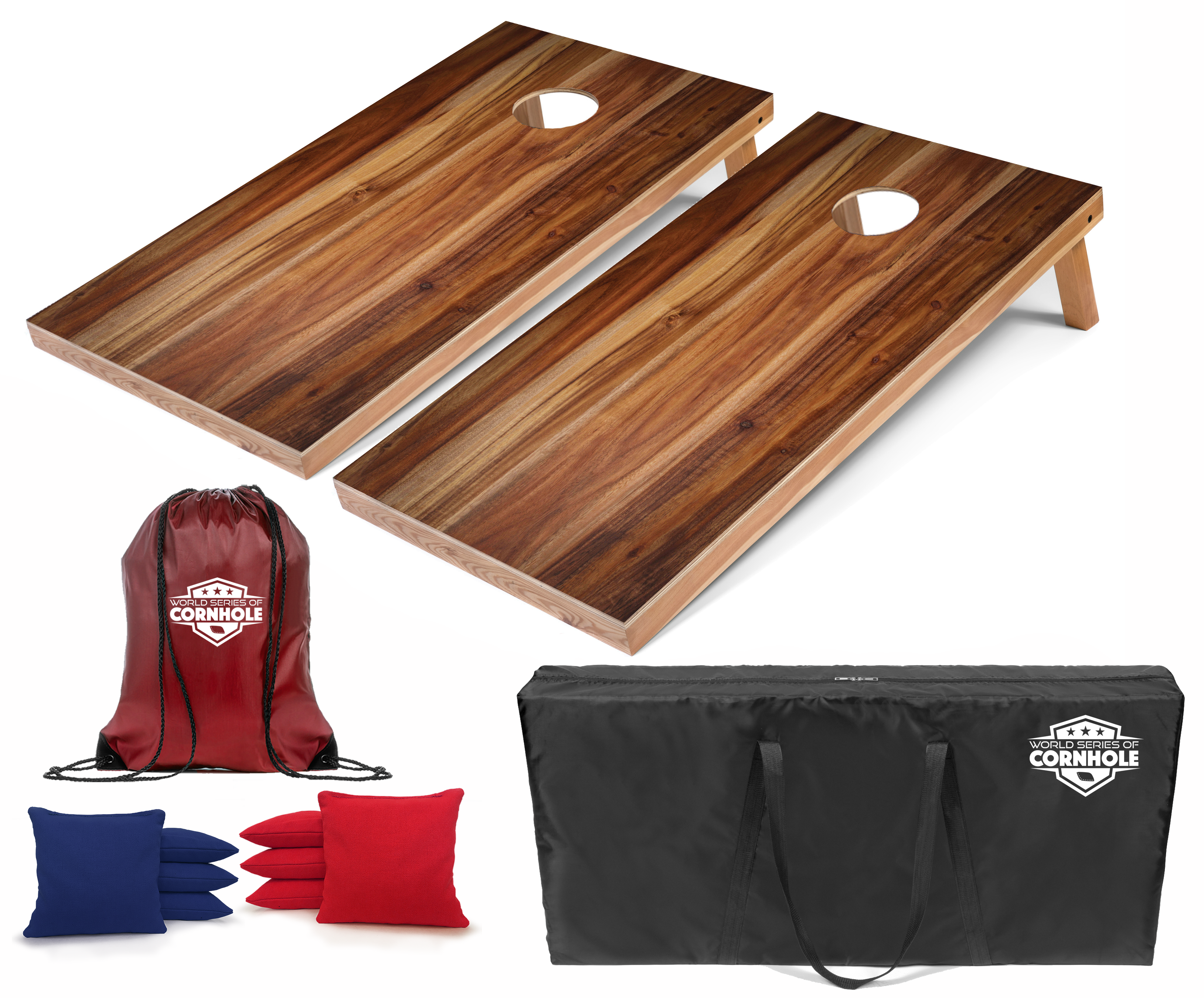 World Series of Cornhole Lightweight Cornhole Set - Acacia Woodgrain Boards with Red and Blue Bags