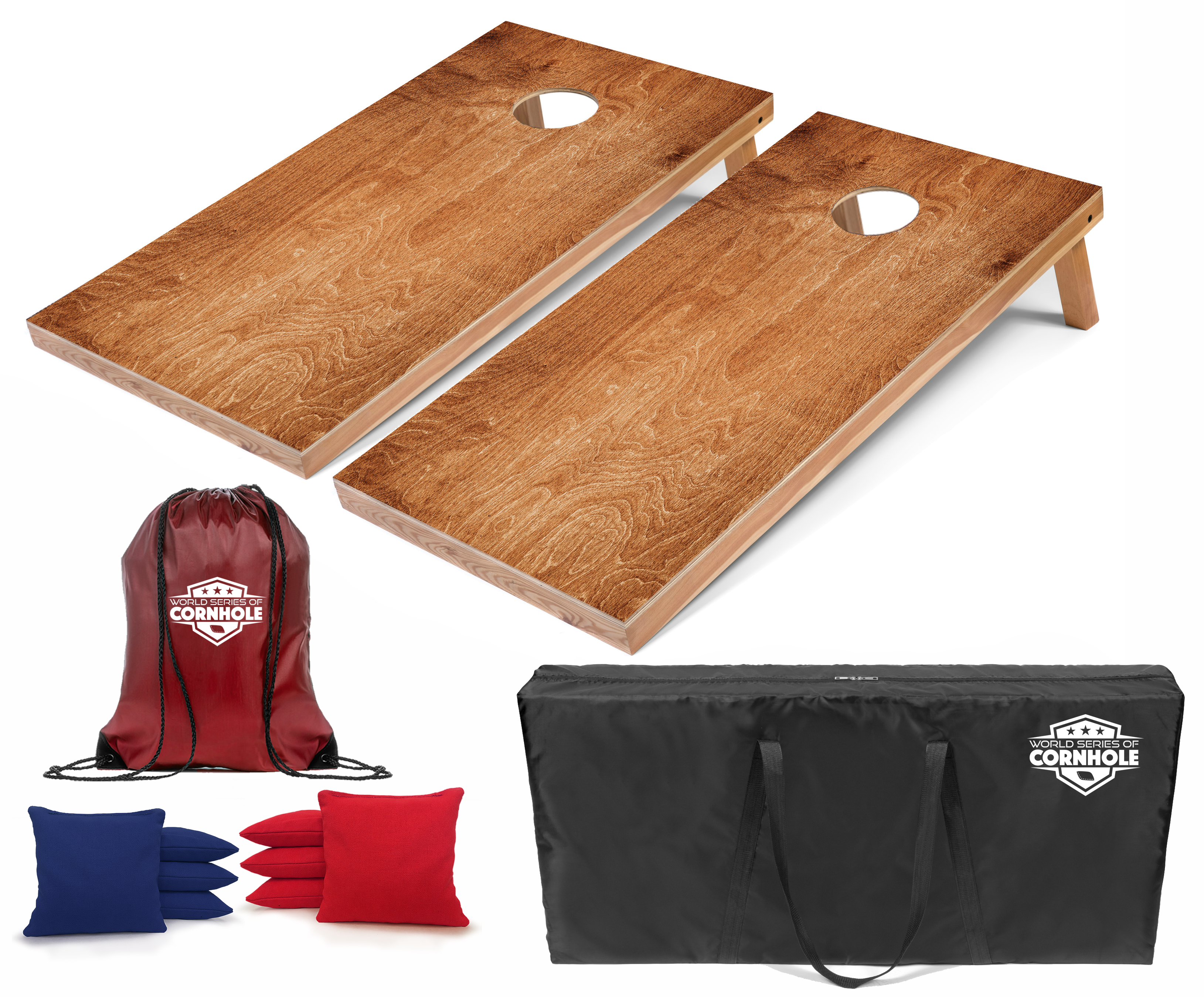 World Series of Cornhole Lightweight Cornhole Set - Dark Wood Boards with Red and Blue Bags