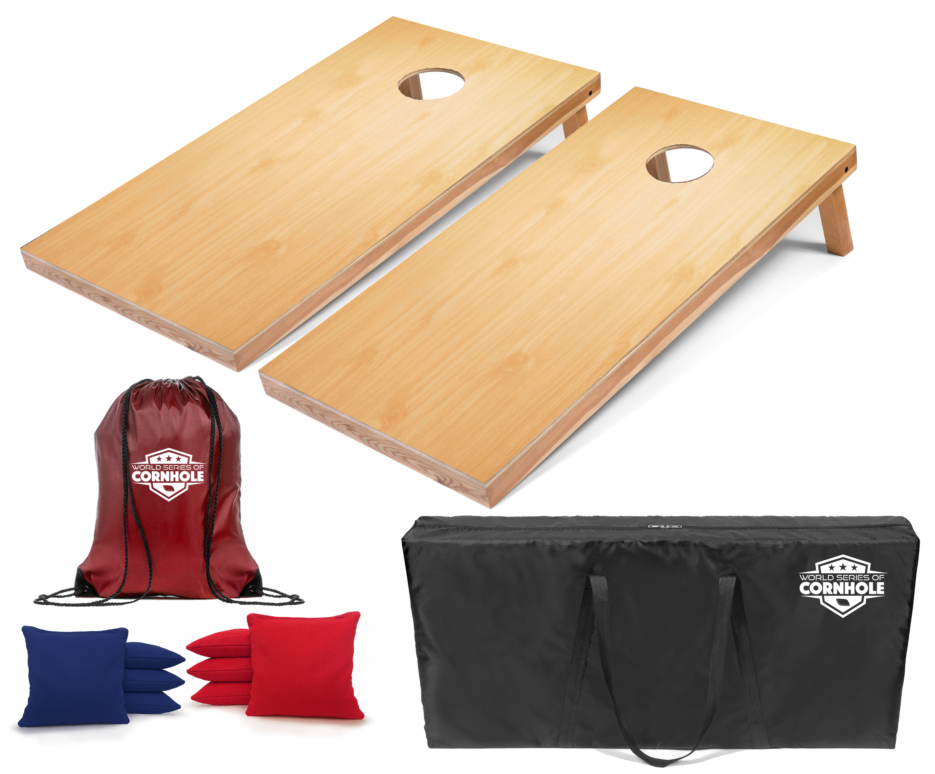 World Series of Cornhole Lightweight Cornhole Set - Light Wood Grain Boards with Red and Blue Bags