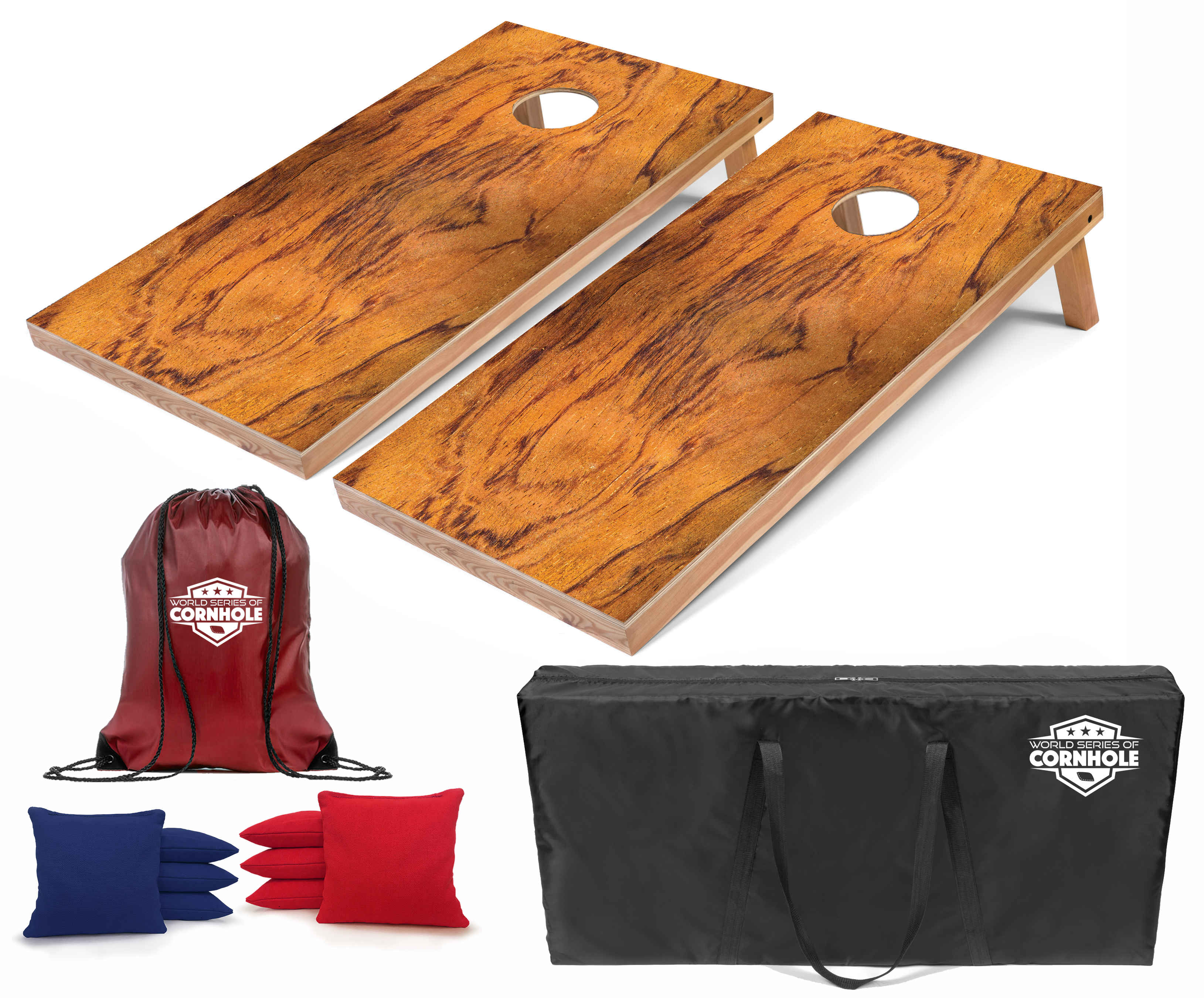 World Series of Cornhole Lightweight Cornhole Set - Tiger Wood Boards with Red and Blue Bags