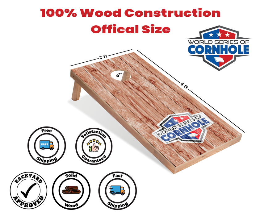 World Series of Cornhole Recreational Cornhole Set - WSOC Weathered Woodgrain Boards with Red and Blue Bags