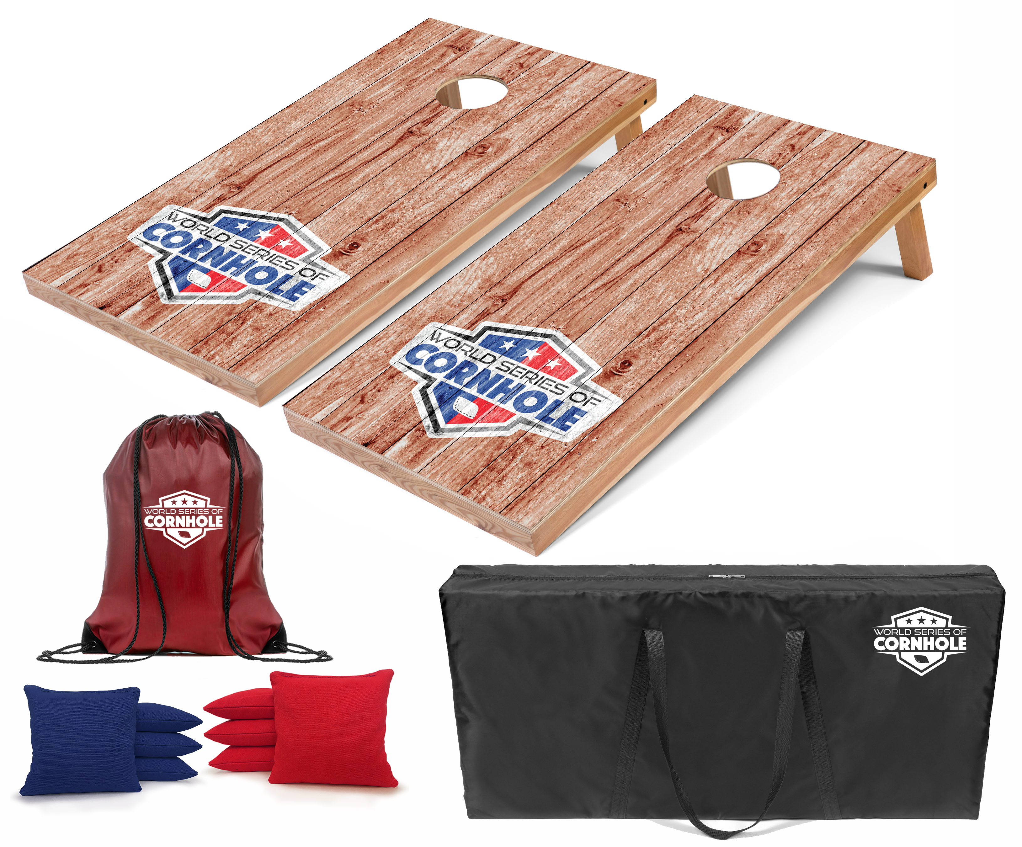 World Series of Cornhole Lightweight Cornhole Set - WSOC Weathered Wood Grain Boards with Red and Blue Bags