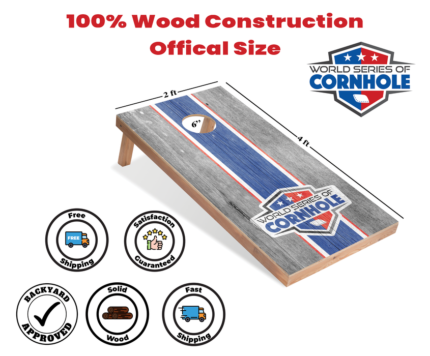 World Series of Cornhole Recreational Cornhole Set - WSOC Gray and Blue Stripes Boards with Red and Blue Bags