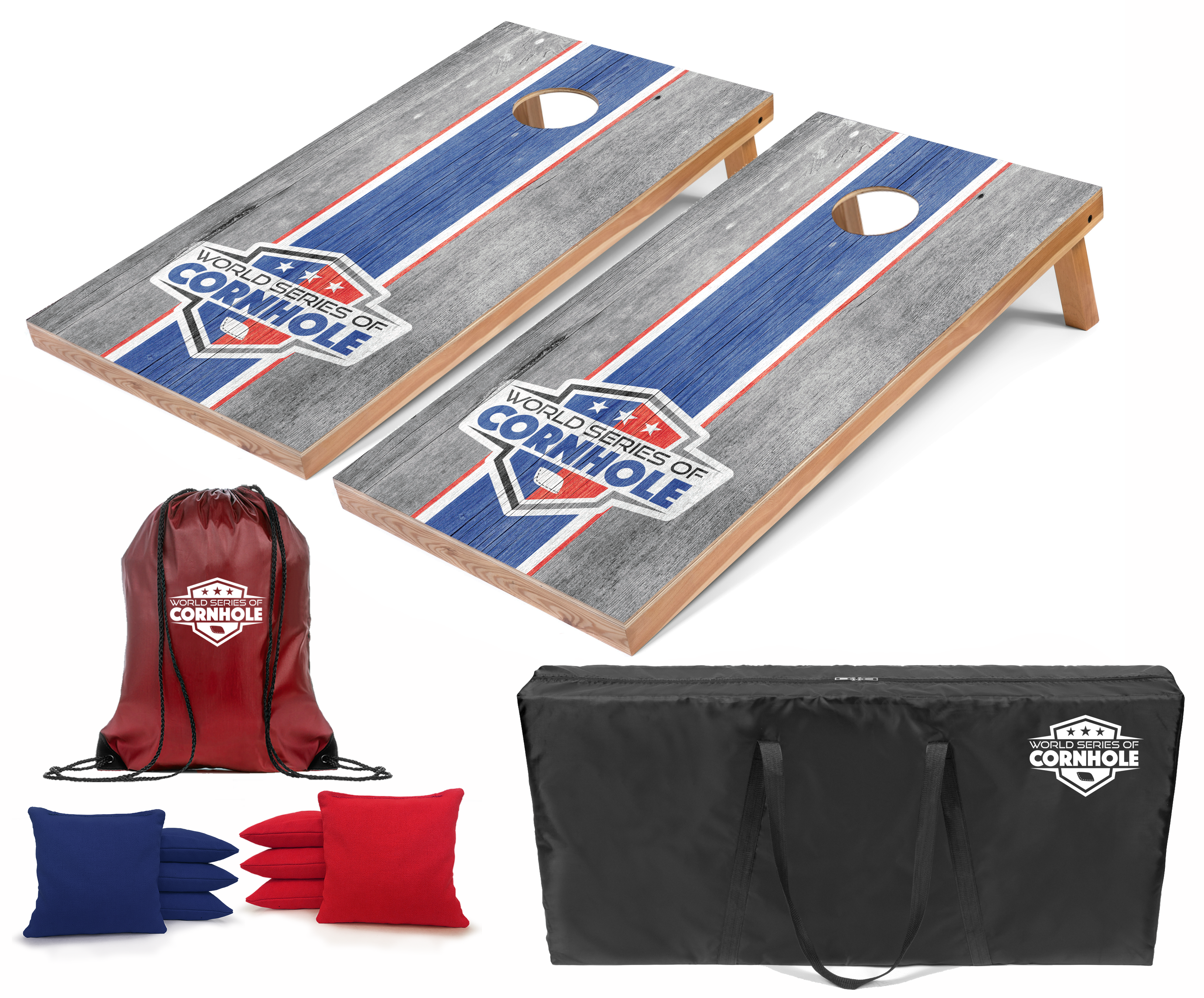 World Series of Cornhole Lightweight Cornhole Set - Gray and Blue Boards with Red and Blue Bags