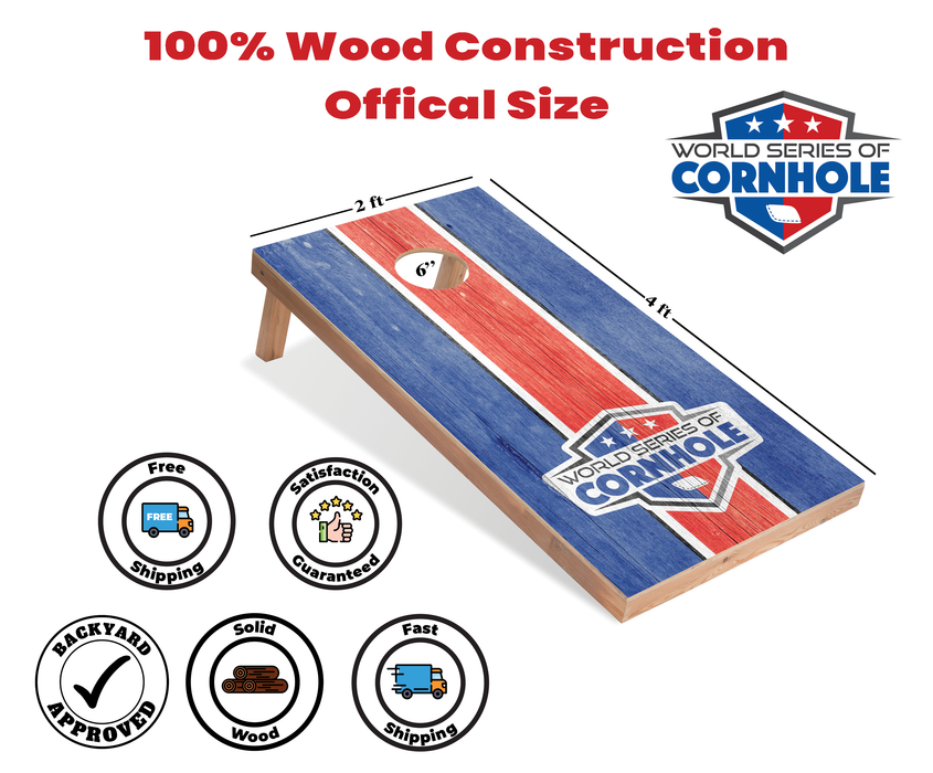 World Series of Cornhole Recreational Cornhole Set - WSOC Blue and Red Stripes Boards with Red and Blue Bags