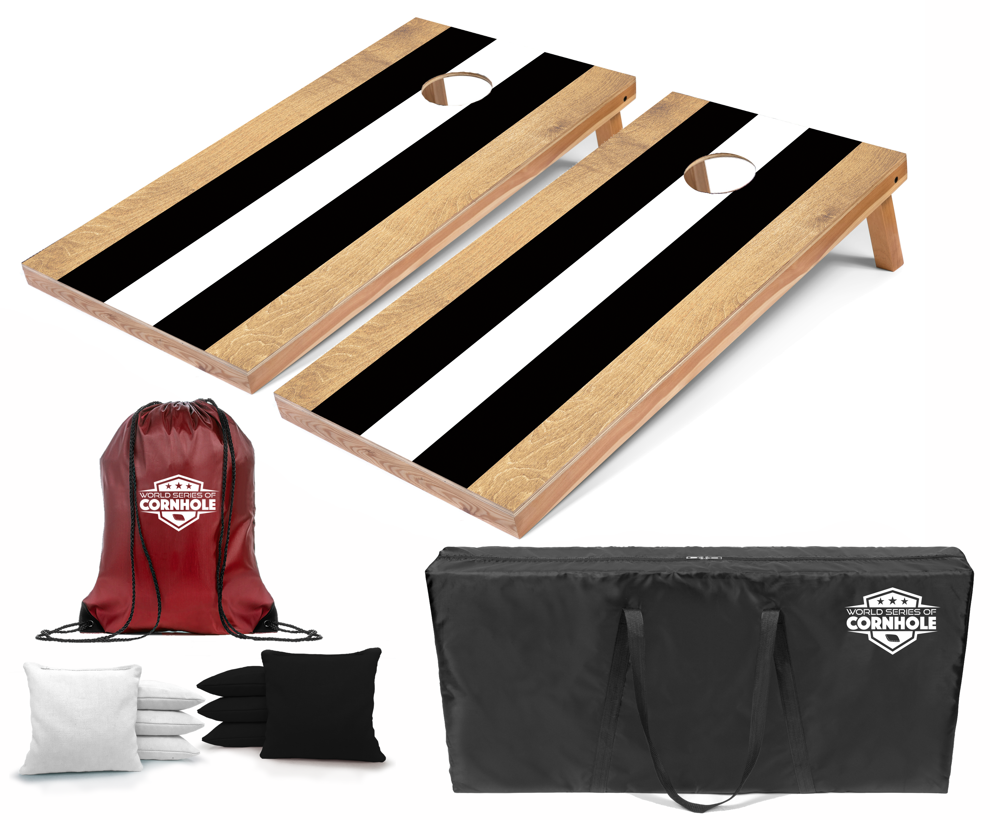 World Series of Cornhole Lightweight Cornhole Set - Black and White Striped Boards with Black and White Bags