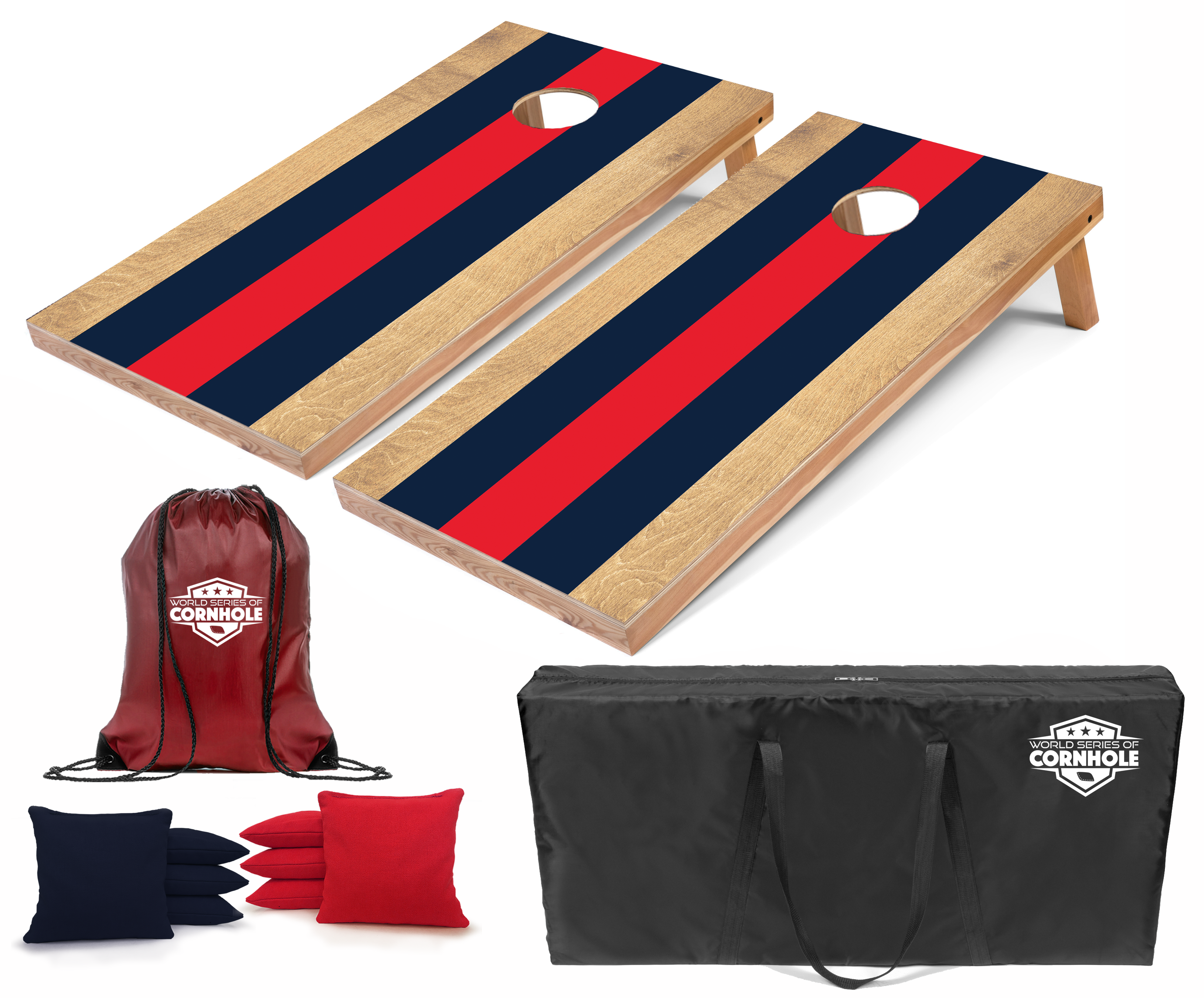 World Series of Cornhole Lightweight Cornhole Set - Blue and Red Striped Boards with Navy and Red Bags