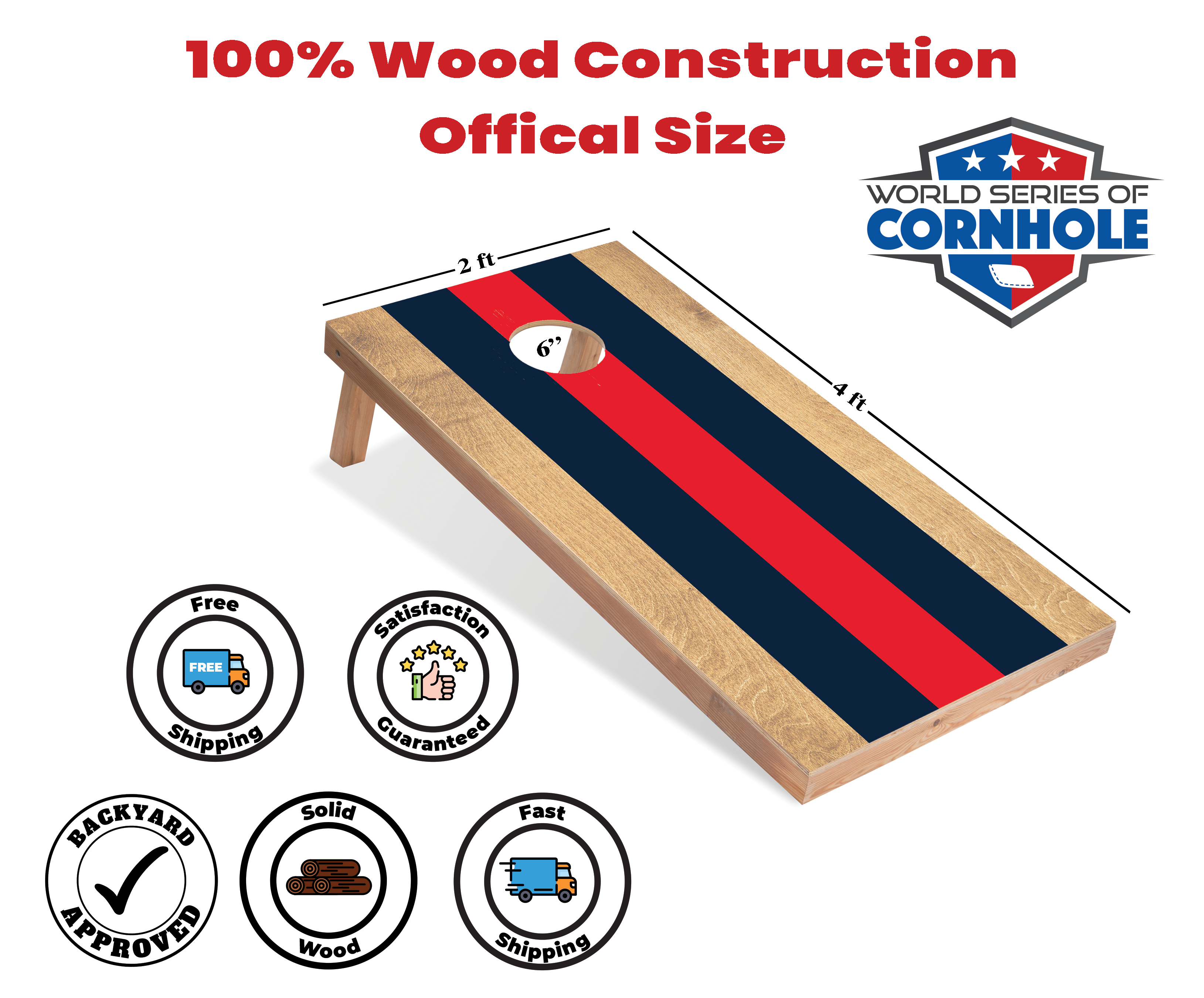 World Series of Cornhole Lightweight Cornhole Set - Blue and Red Striped Boards with Navy and Red Bags