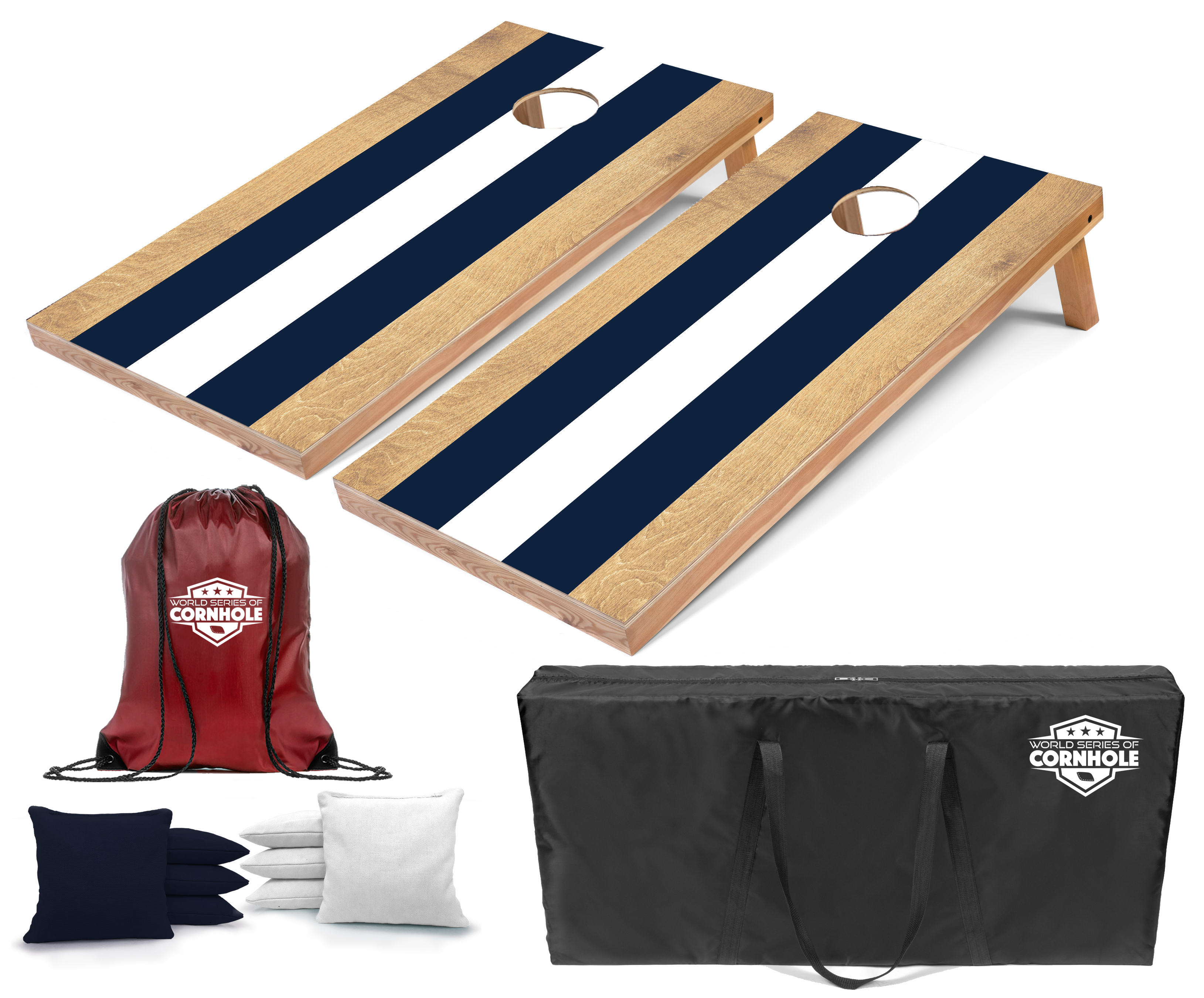 World Series of Cornhole Lightweight Cornhole Set - Navy and White Striped Boards with Navy and White Bags