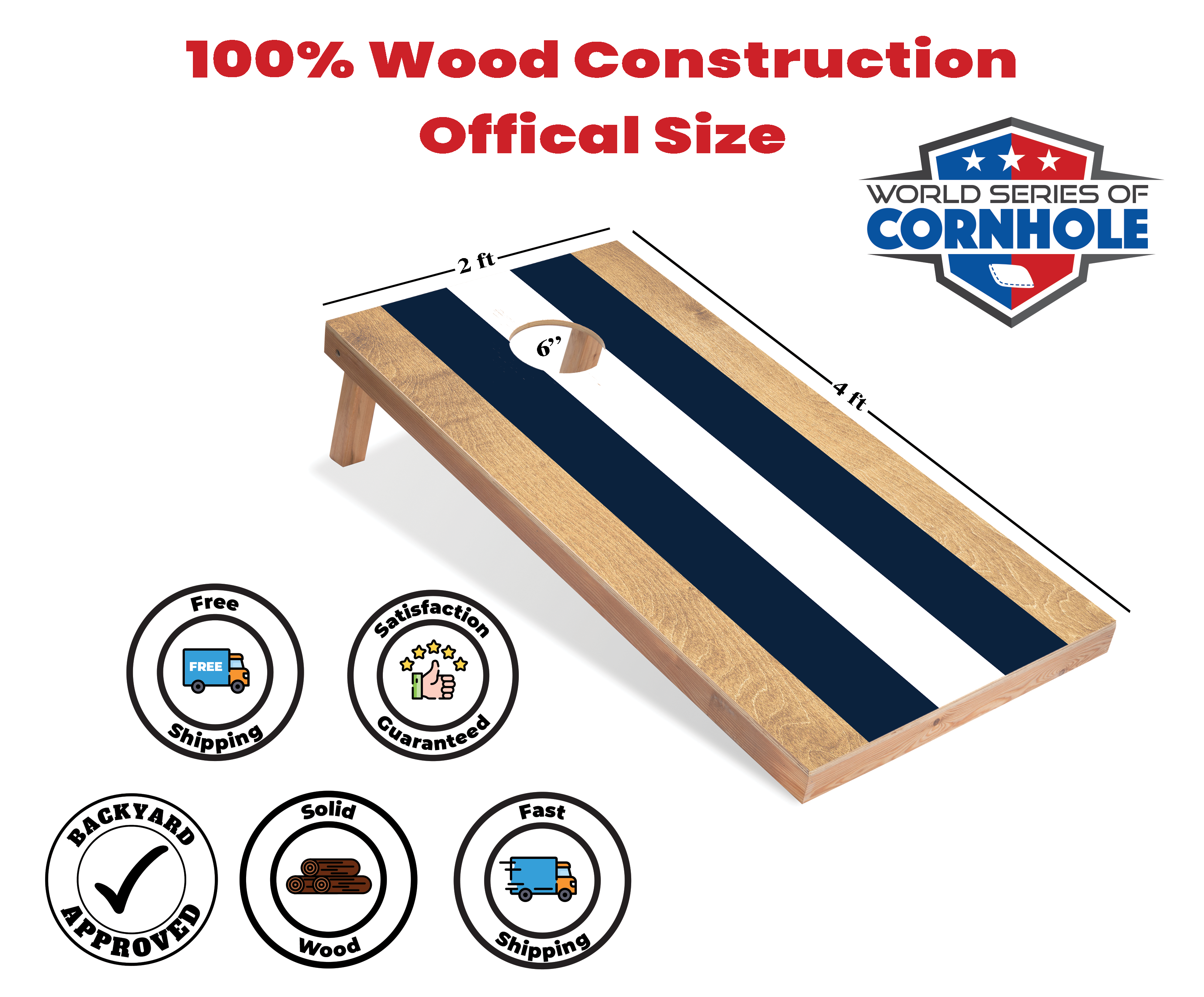 World Series of Cornhole Lightweight Cornhole Set - Navy and White Striped Boards with Navy and White Bags