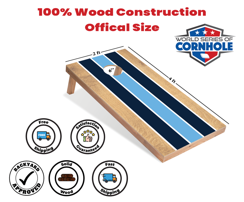World Series of Cornhole Recreational Cornhole Set - Navy and Baby Blue Stripes Boards with Navy and Turquoise Bags