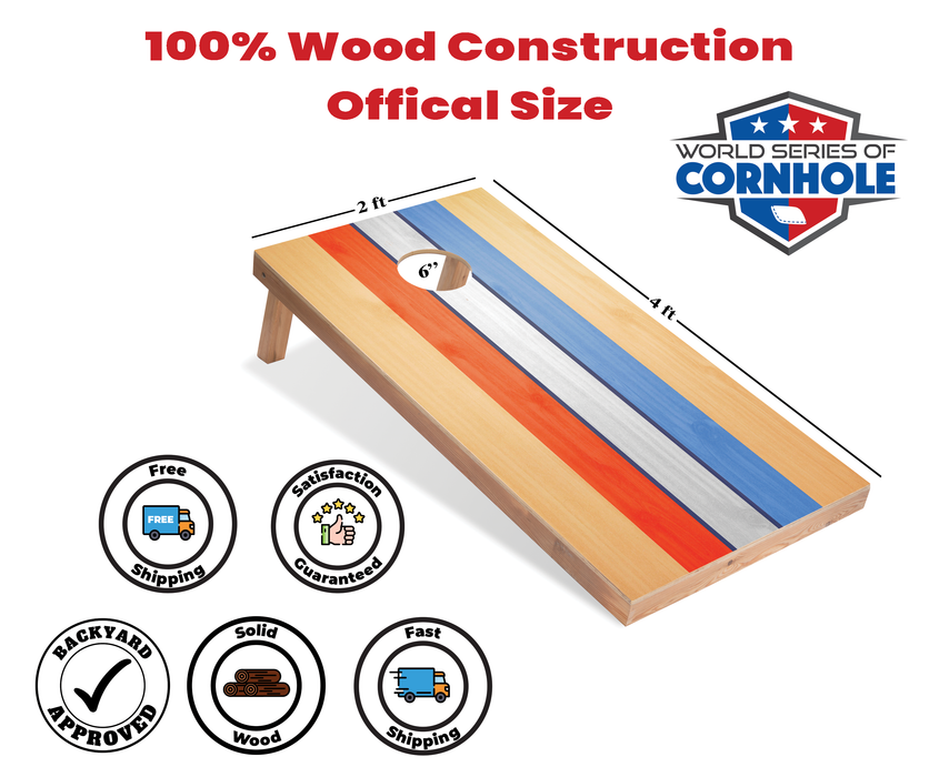 World Series of Cornhole Recreational Cornhole Set - Retro USA Striped Boards with Orange and Baby Blue Bags
