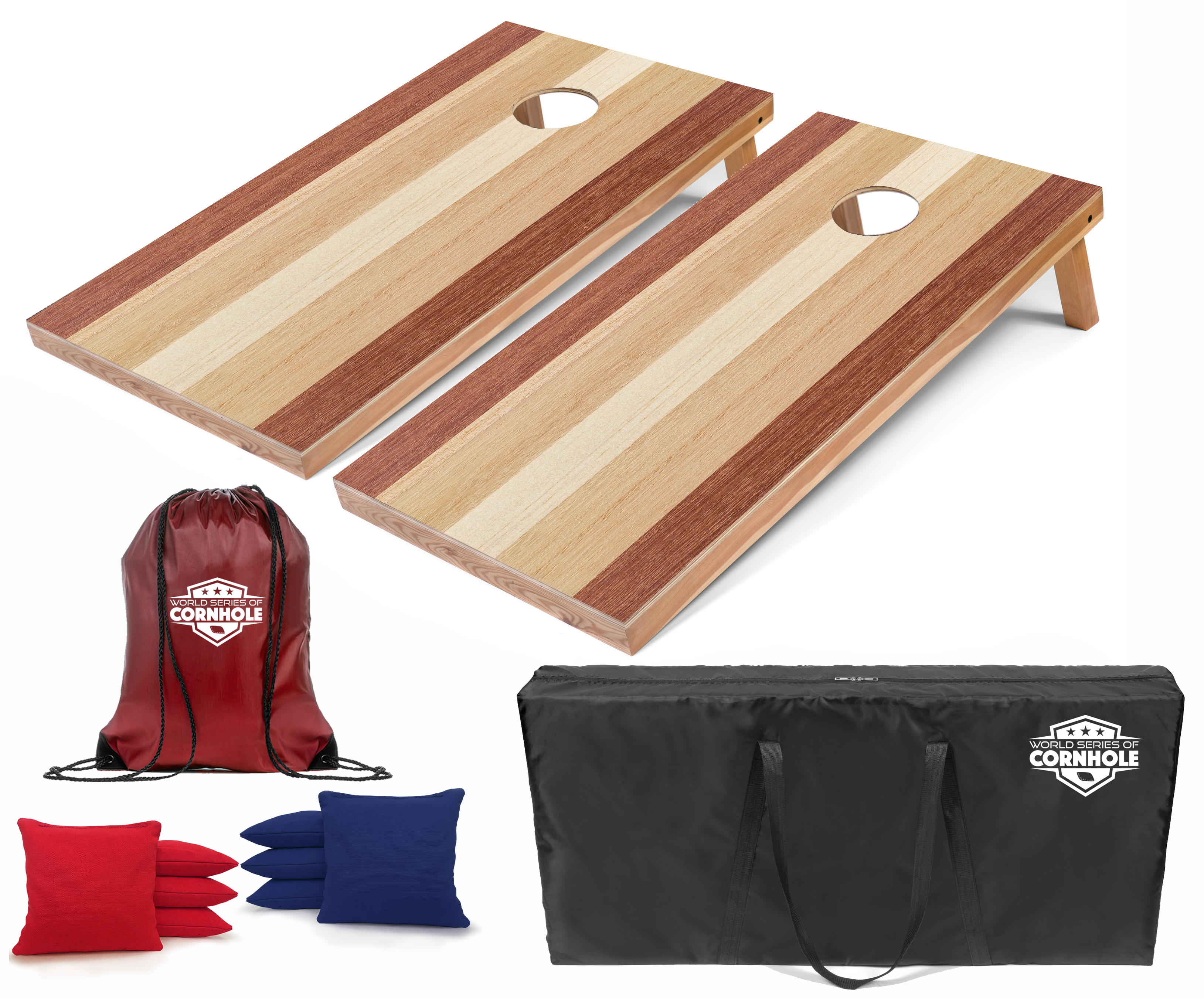 World Series of Cornhole Lightweight Cornhole Set - Alternating Wood Tones Boards with Red and Royal Blue Bags