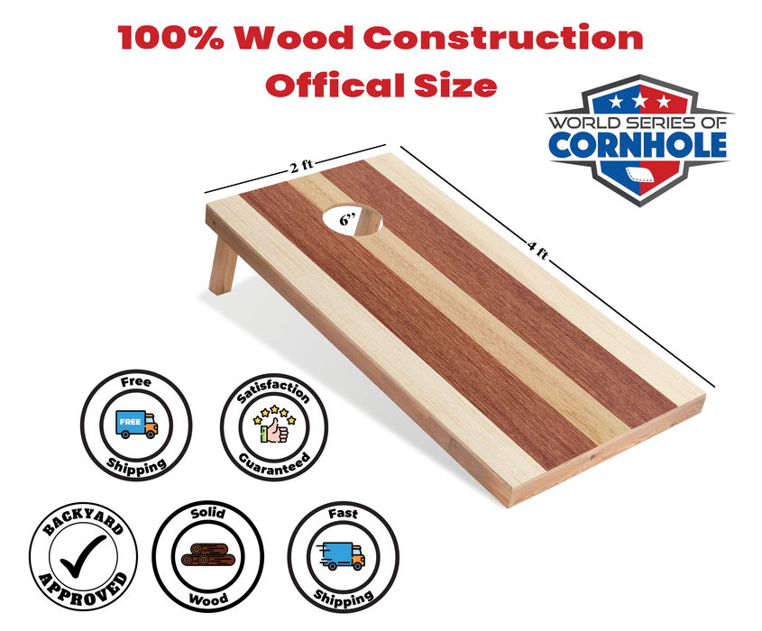 World Series of Cornhole Recreational Cornhole Set - Alternating Light and Dark Wood Tones Boards with Red and Royal Blue Bags