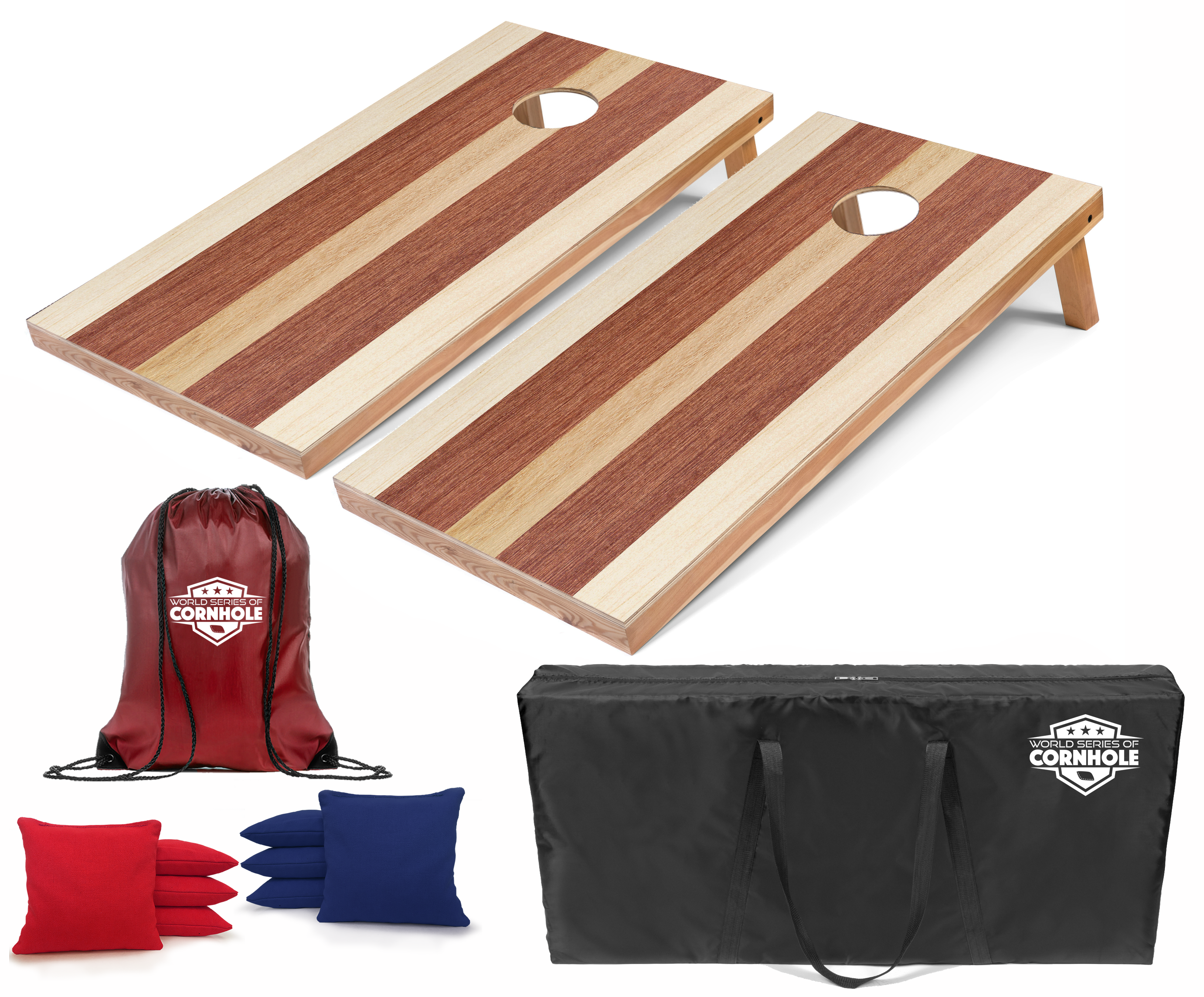 World Series of Cornhole Lightweight Cornhole Set - Alternating Light and Dark Wood Tones Boards with Red and Royal Blue Bags