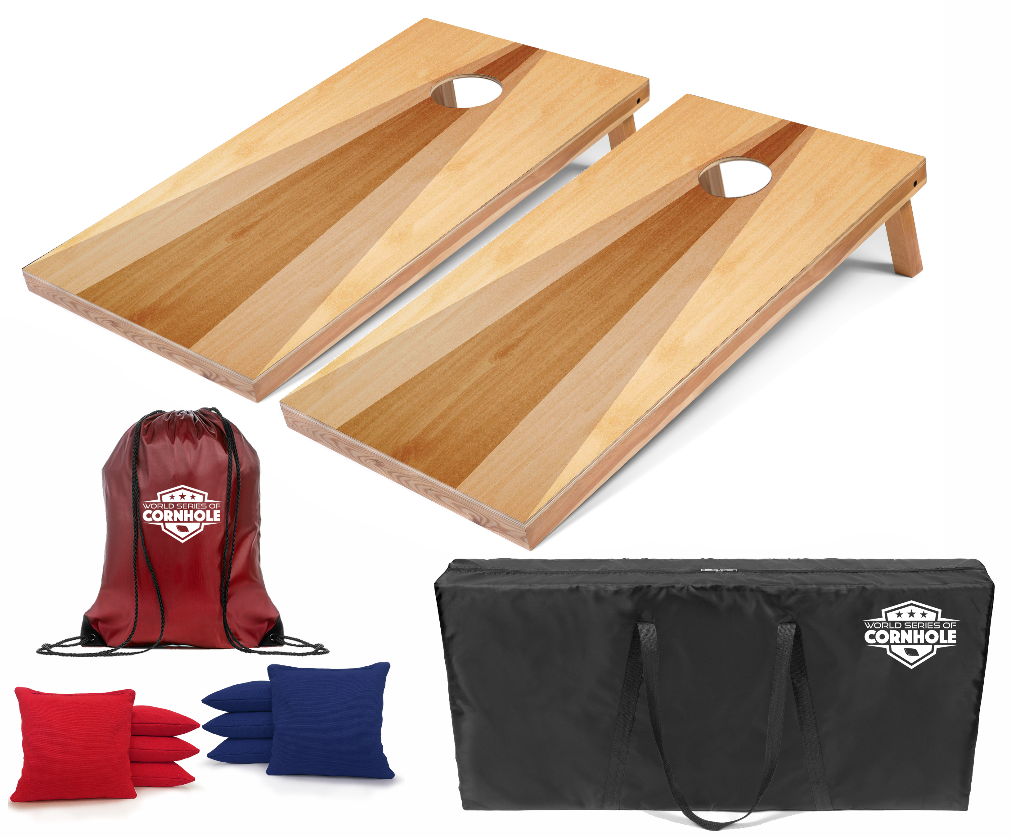 World Series of Cornhole Lightweight Cornhole Set - Wood Triangle Boards with Red and Royal Blue Bags