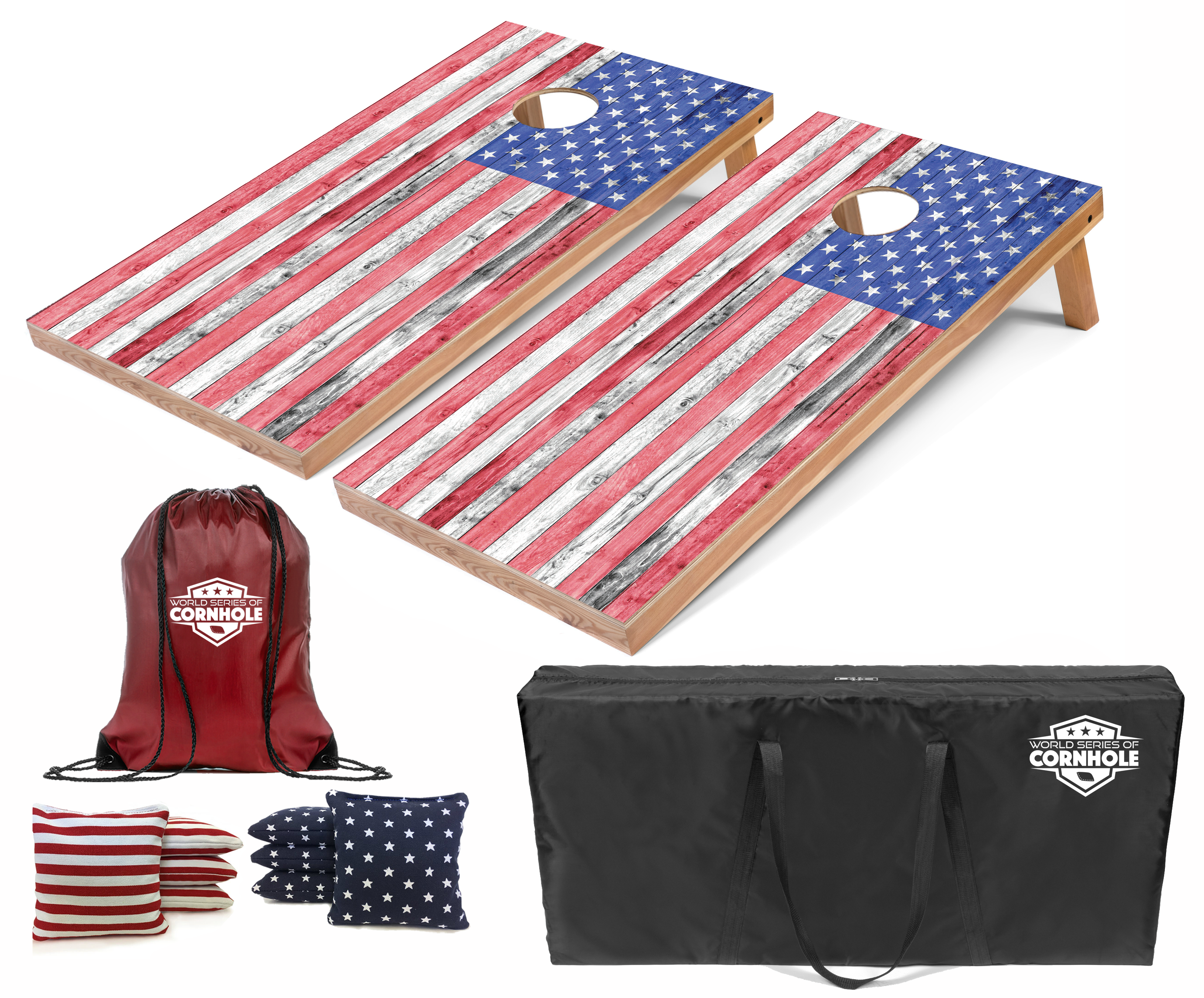 World Series of Cornhole Lightweight Cornhole Set - Light American Flag Boards with Patriotic Bags