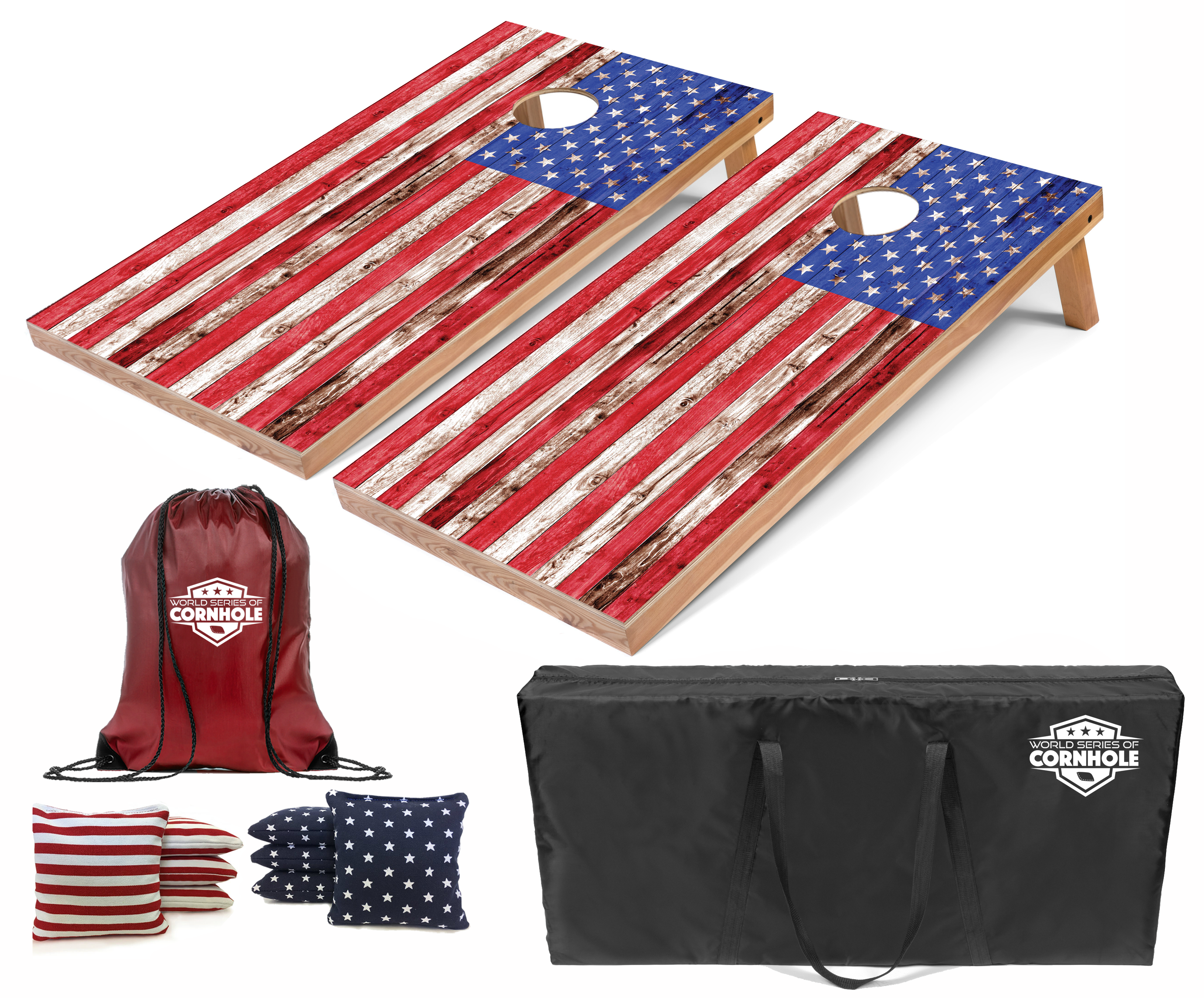 World Series of Cornhole Lightweight Cornhole Set - Regular American Flag Boards with Stars & Stripes Bags