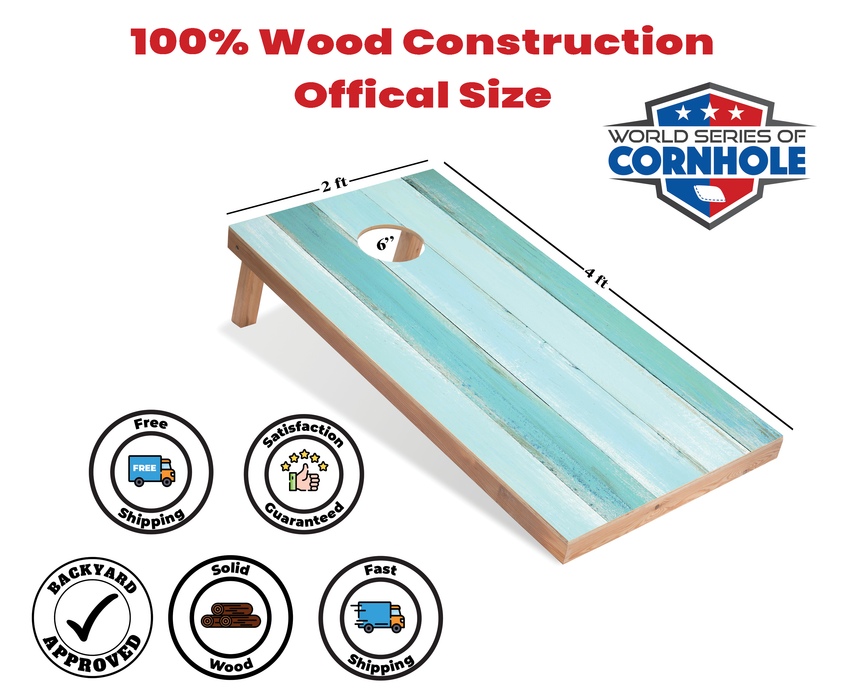 World Series of Cornhole Recreational Cornhole Set - Coastal Wood Plank Boards with White and Turquoise Bags