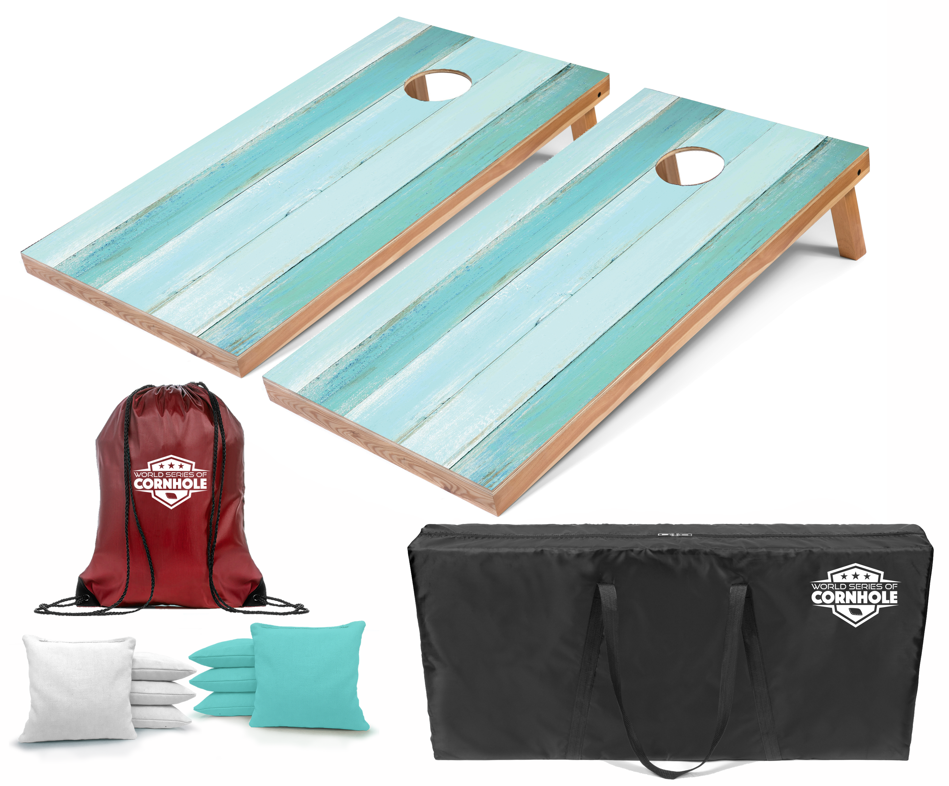 World Series of Cornhole Lightweight Cornhole Set - Coastal Wood Plank Boards with White and Turquoise Bags