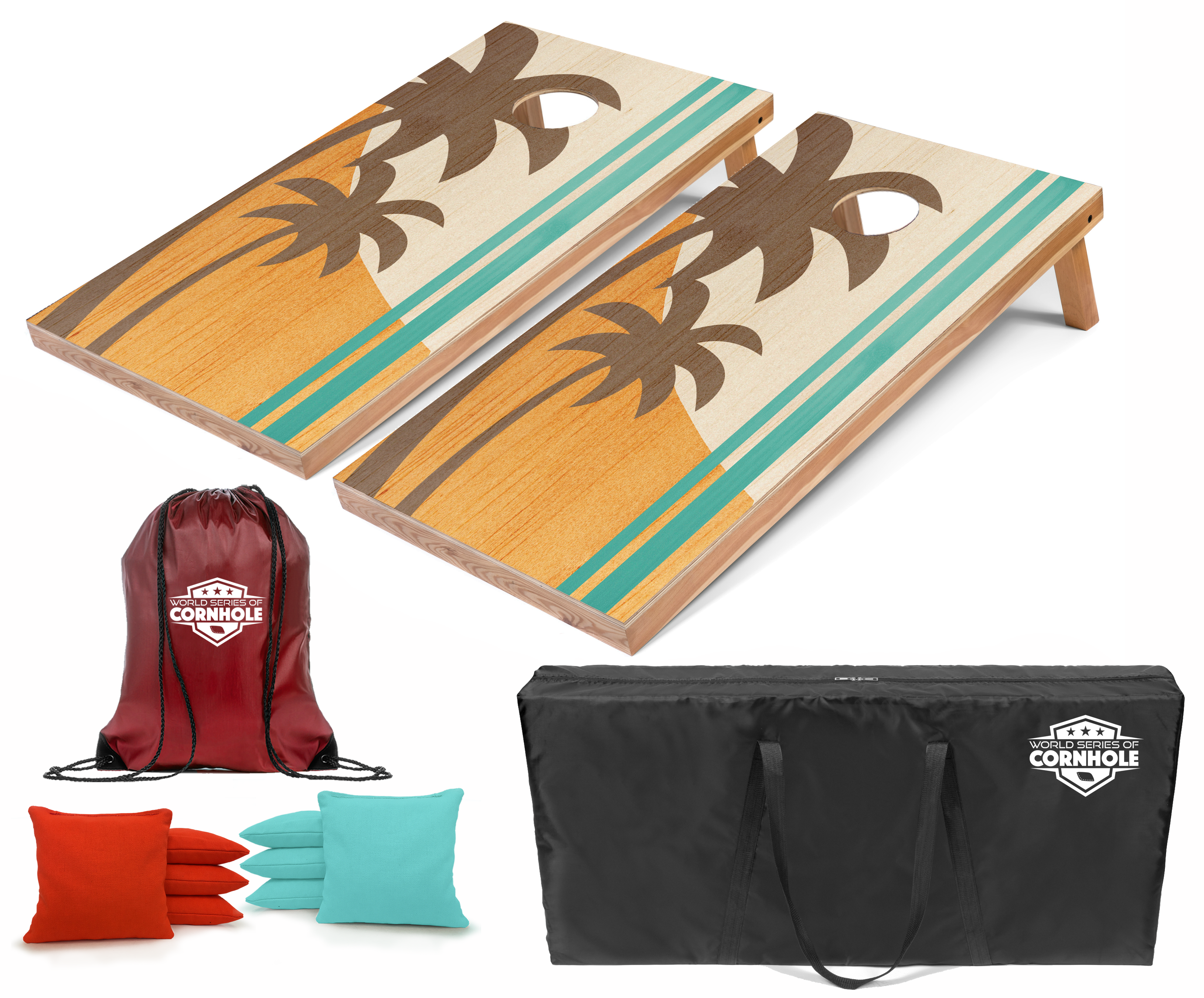 World Series of Cornhole Lightweight Cornhole Set - Palms Surf Boards with Orange and Teal Bags