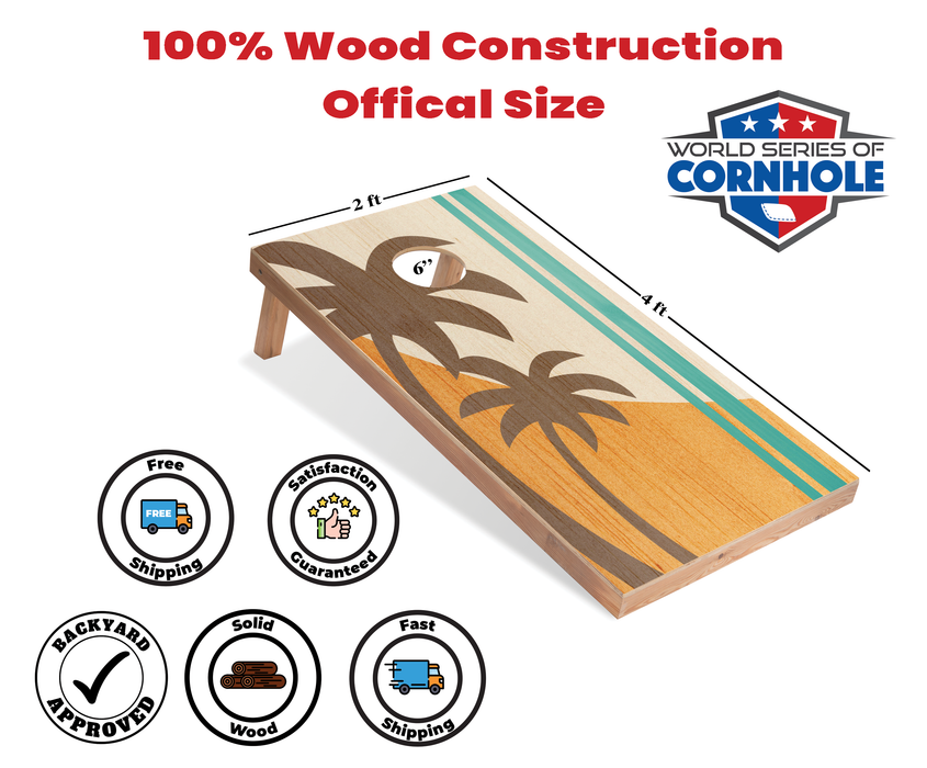World Series of Cornhole Recreational Cornhole Set - Palm Trees Boards with Red and Teal Bags