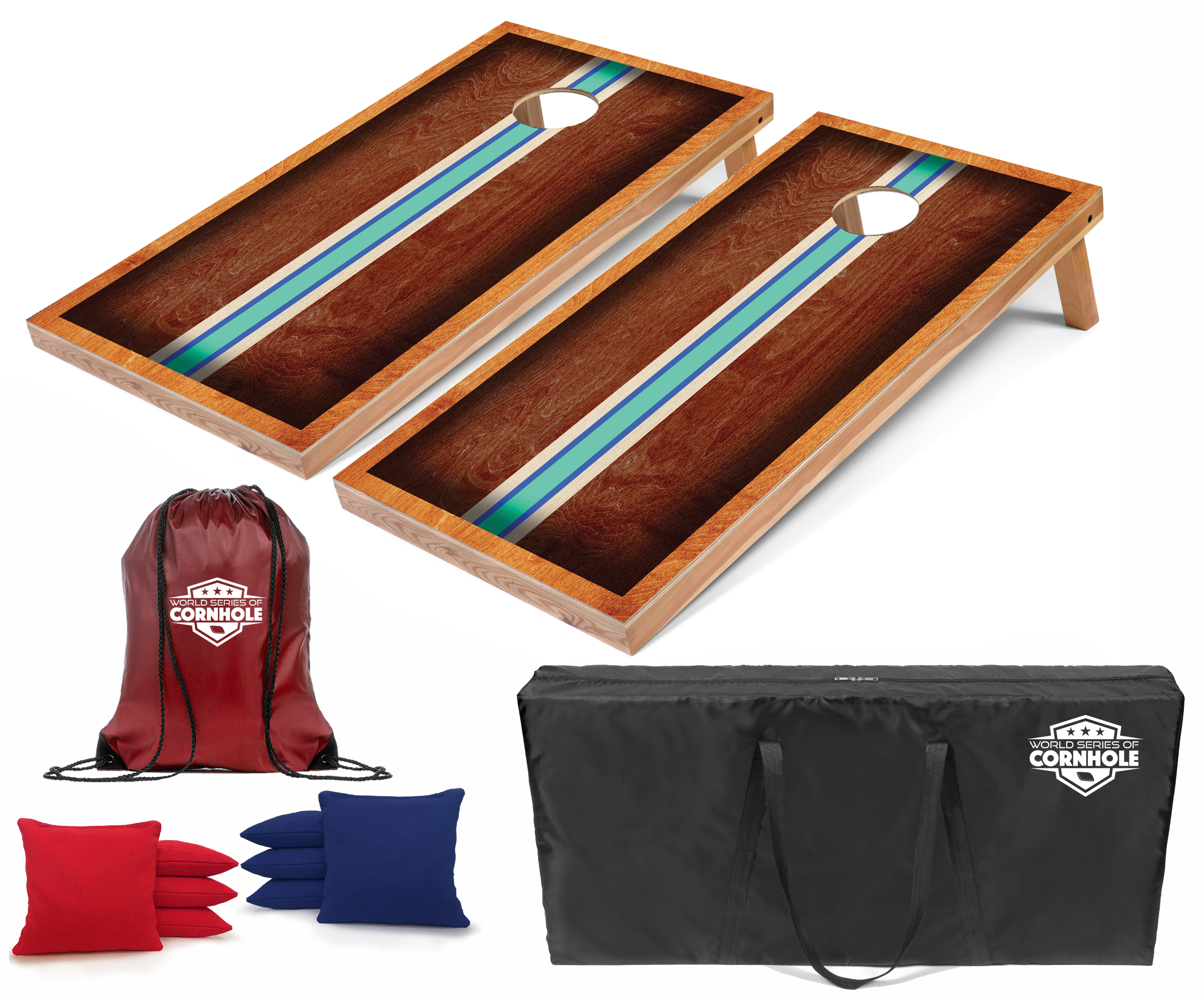 World Series of Cornhole Lightweight Cornhole Set - Riv Surf Board Boards with Red and Royal Blue Bags