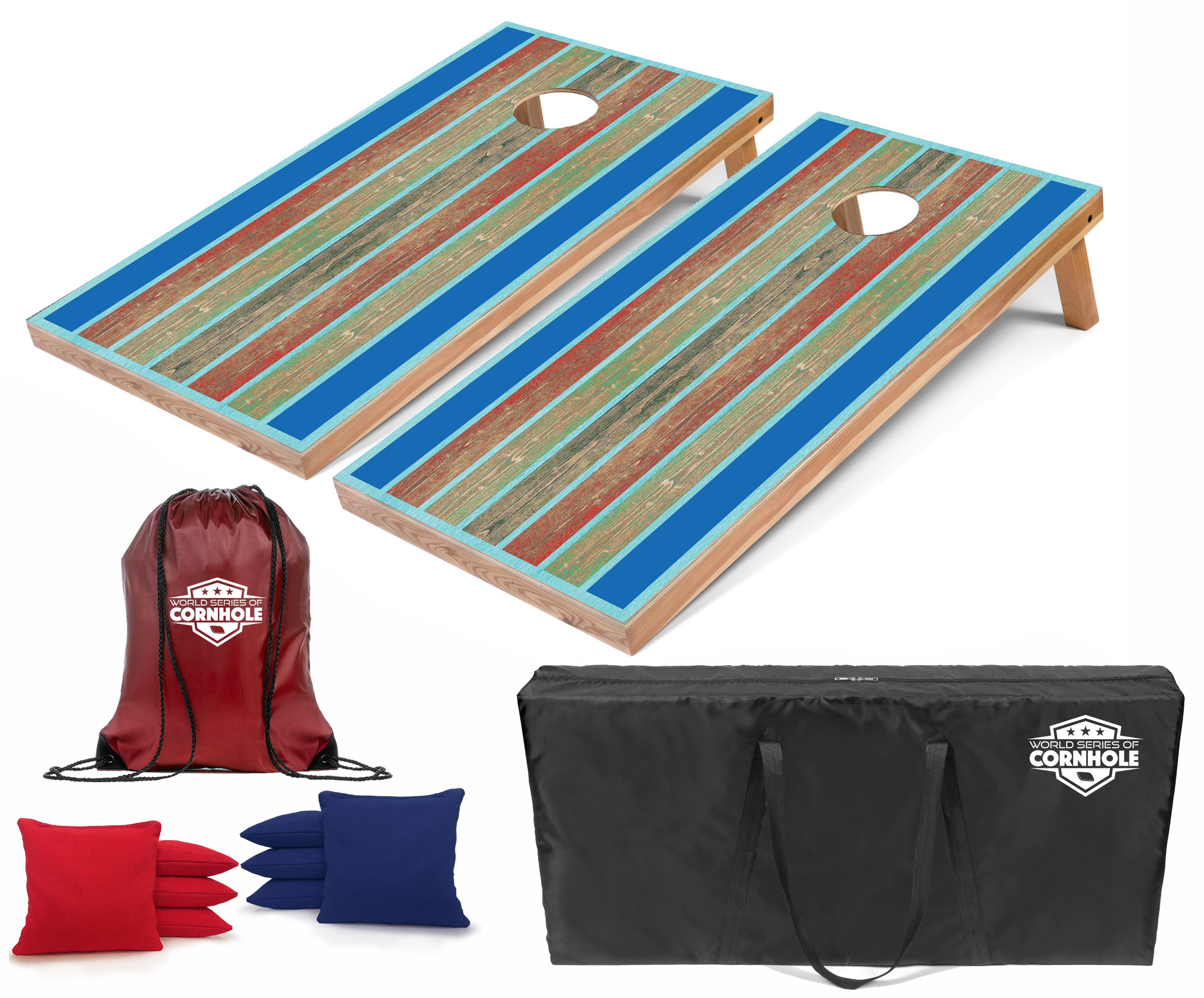 World Series of Cornhole Lightweight Cornhole Set - Kai Surf Board Boards with Red and Royal Blue Bags