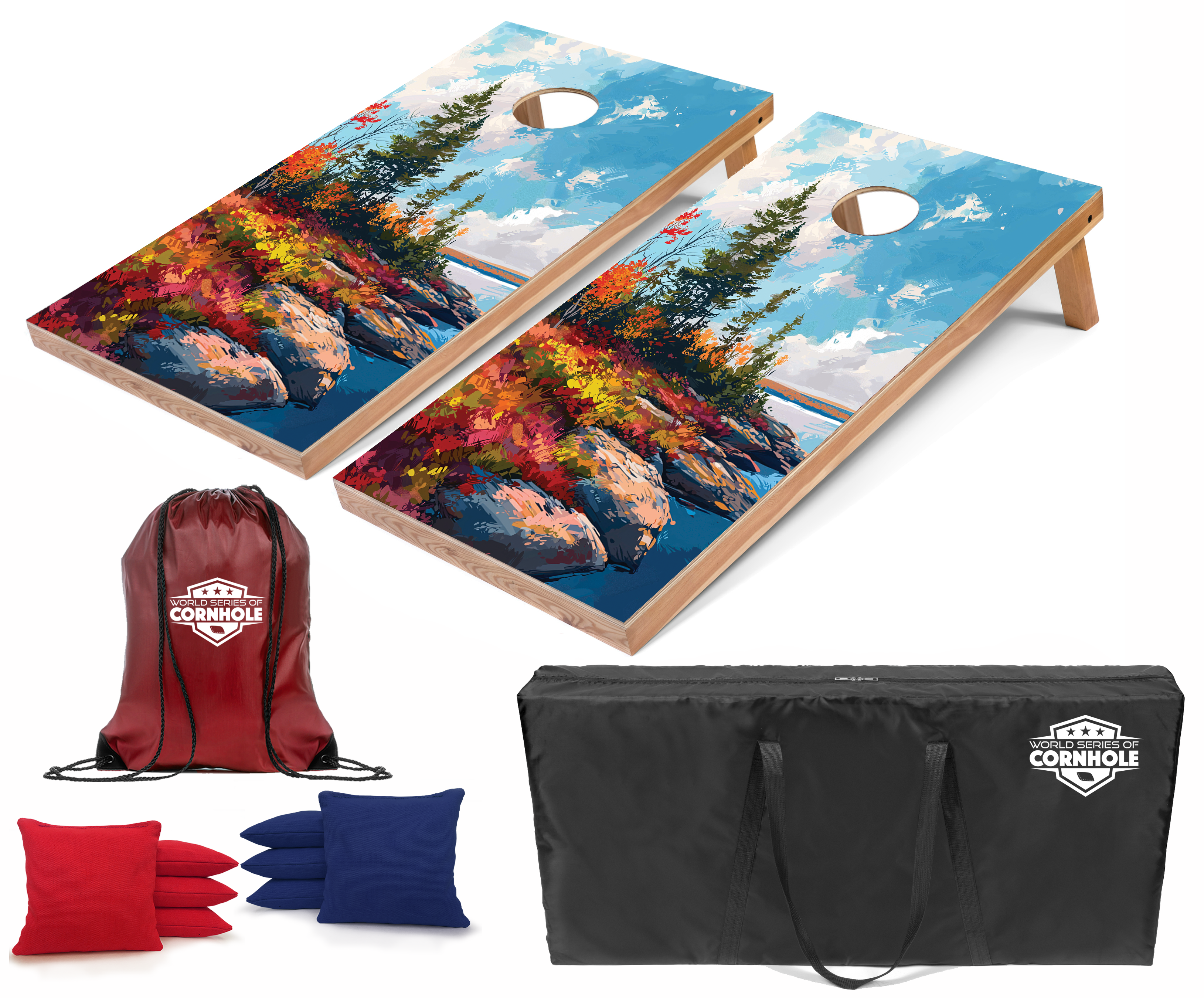 World Series of Cornhole Lightweight Cornhole Set - Acadia National Park Daytime Boards with Red and Royal Blue Bags