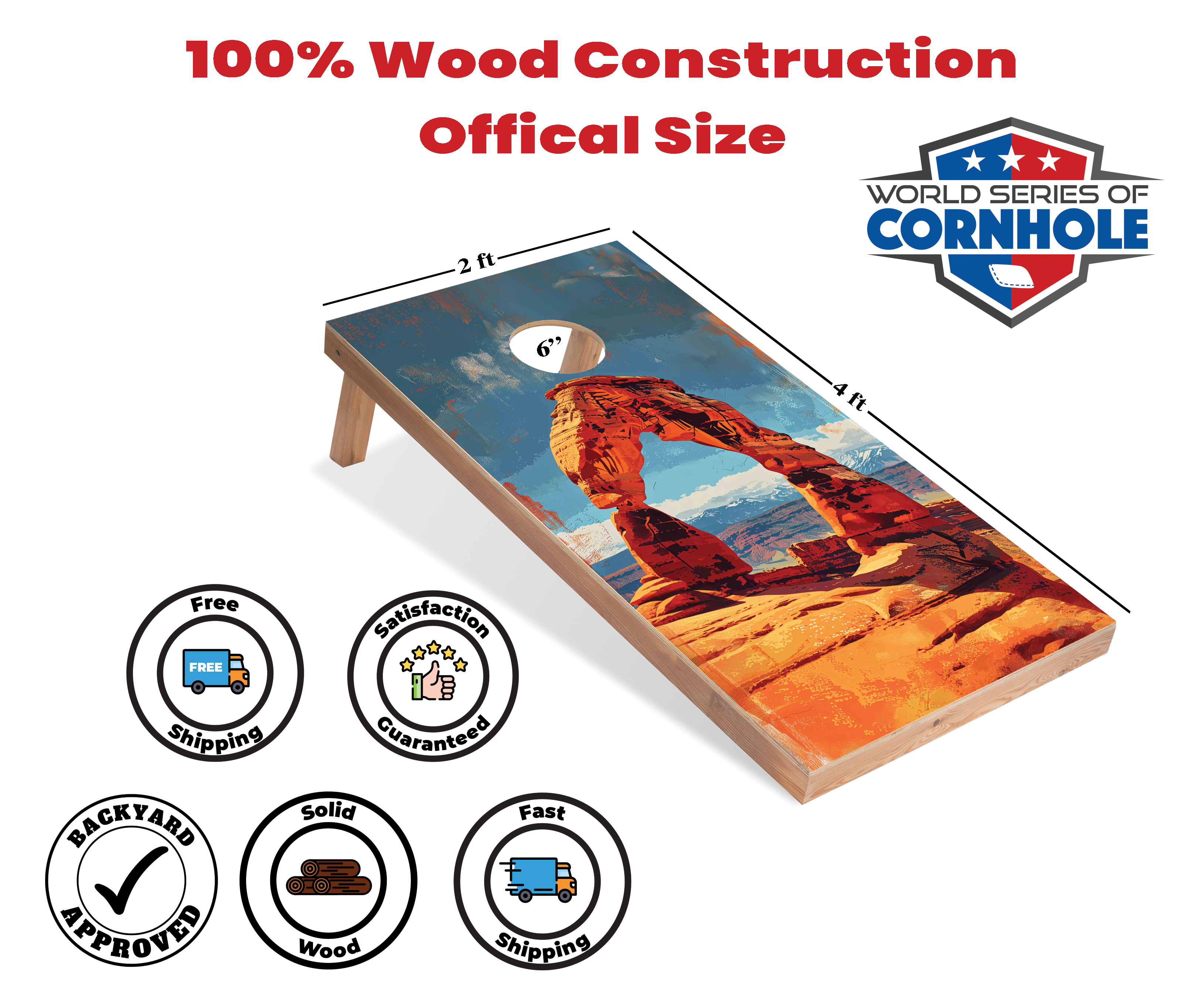 World Series of Cornhole Lightweight Cornhole Set - Arches National Park Daytime Boards with Red and Royal Blue Bags