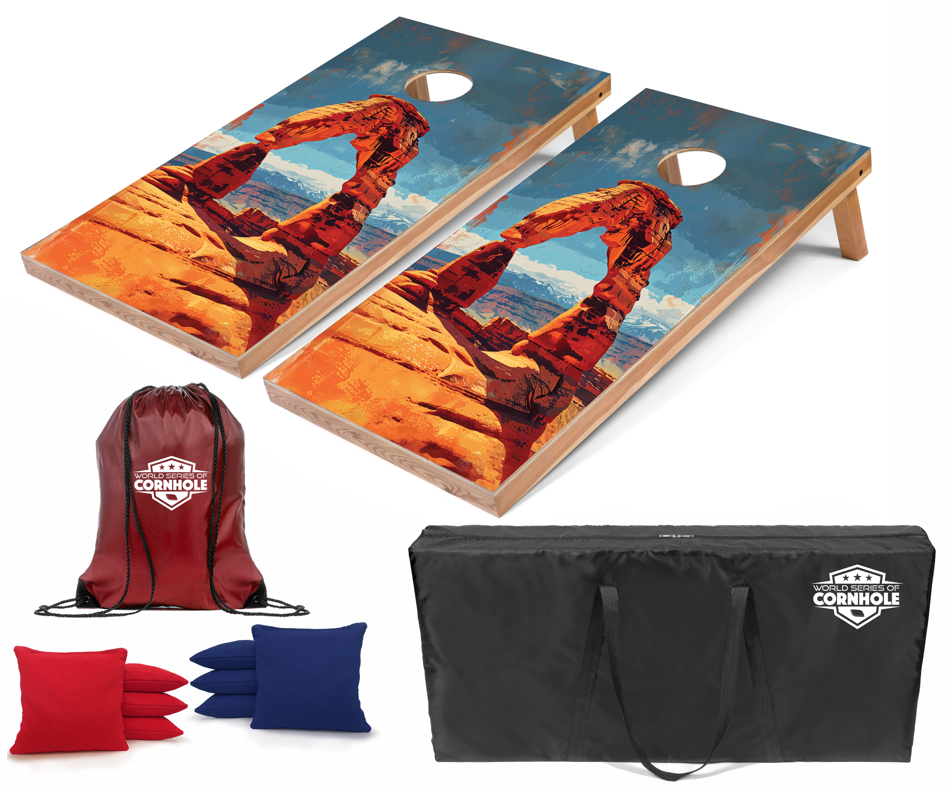 World Series of Cornhole Lightweight Cornhole Set - Arches National Park Daytime Boards with Red and Royal Blue Bags