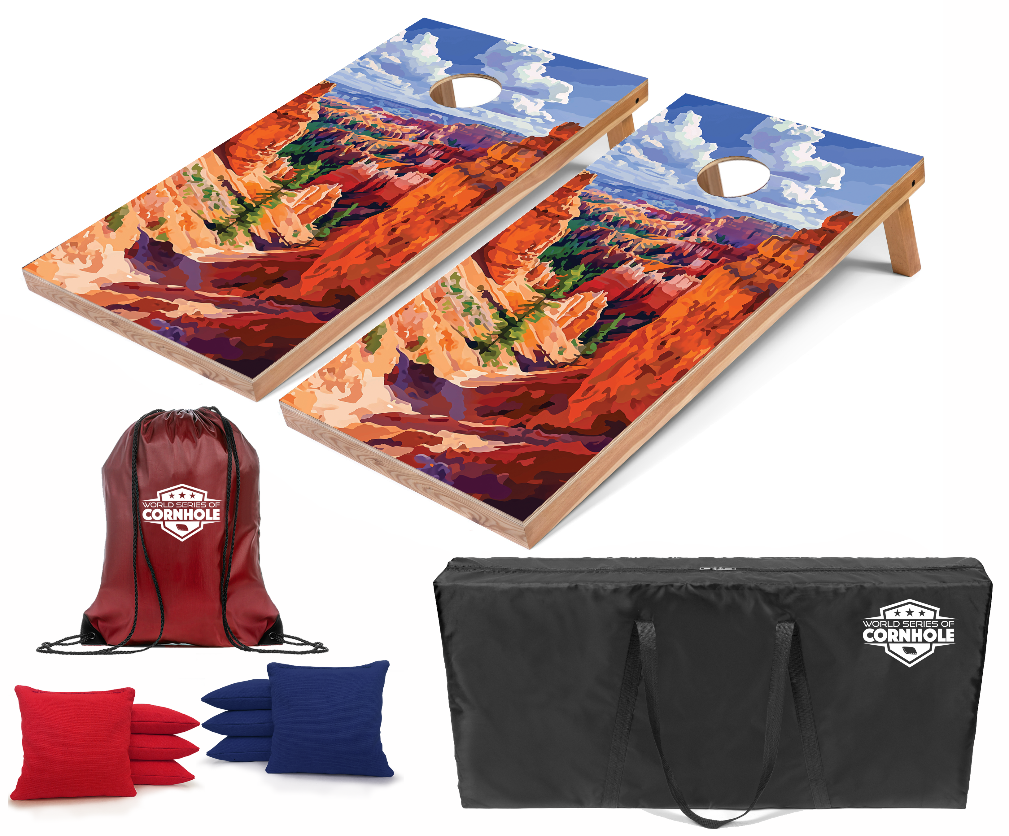 World Series of Cornhole Lightweight Cornhole Set - Bryce Canyon National Park Daytime Boards with Red and Royal Blue Bags