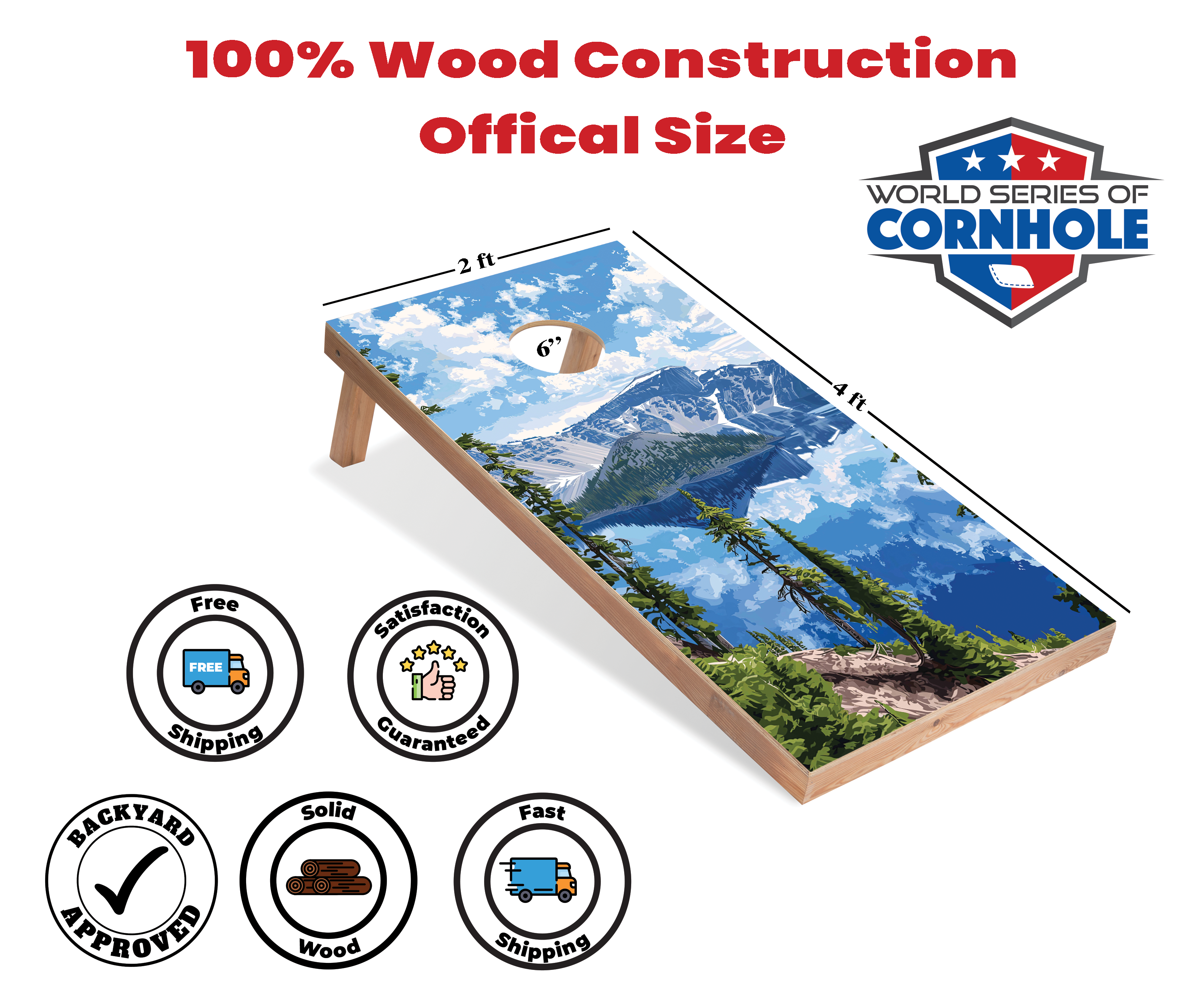 World Series of Cornhole Lightweight Cornhole Set - Crater Lake National Park Daytime Boards with Red and Royal Blue Bags