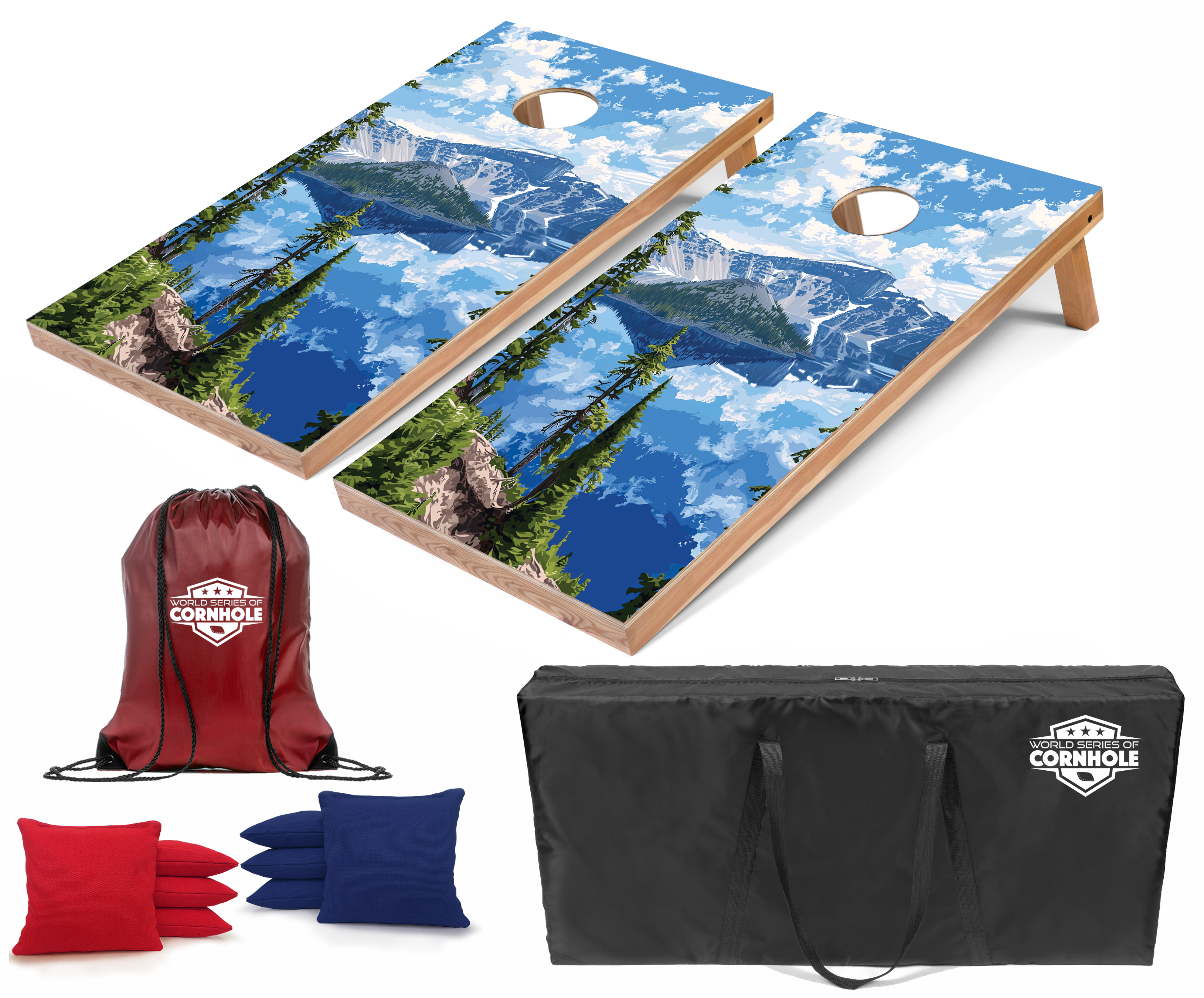 World Series of Cornhole Lightweight Cornhole Set - Crater Lake National Park Daytime Boards with Red and Royal Blue Bags