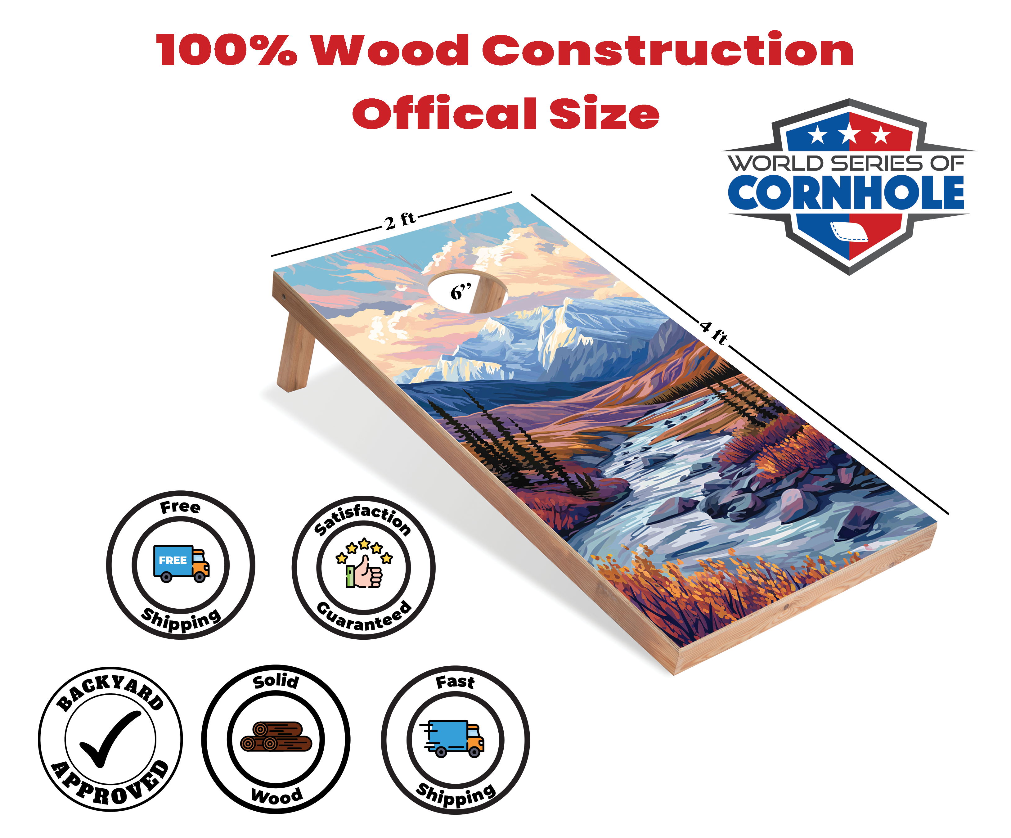 World Series of Cornhole Lightweight Cornhole Set - Denali National Park Daytime Boards with Red and Royal Blue Bags